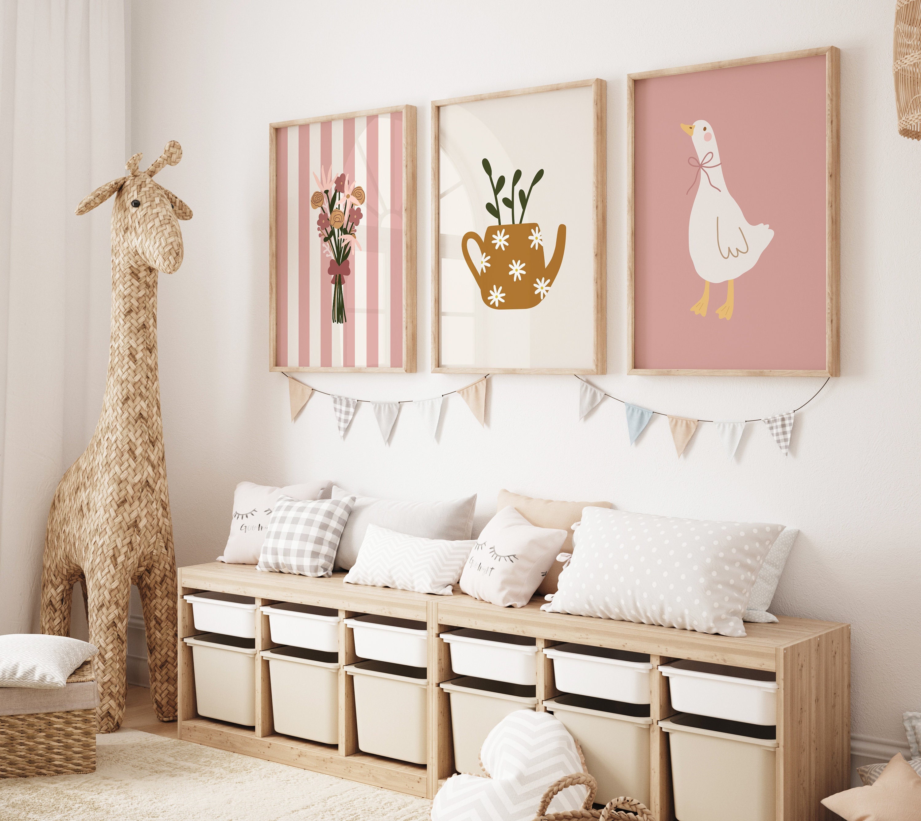 Set di 3 stampe per camerette delle bambine / stampe floreali da parete, stampe per camerette, stampe con teiere, set di 3 stampe rosa, stampe con ana