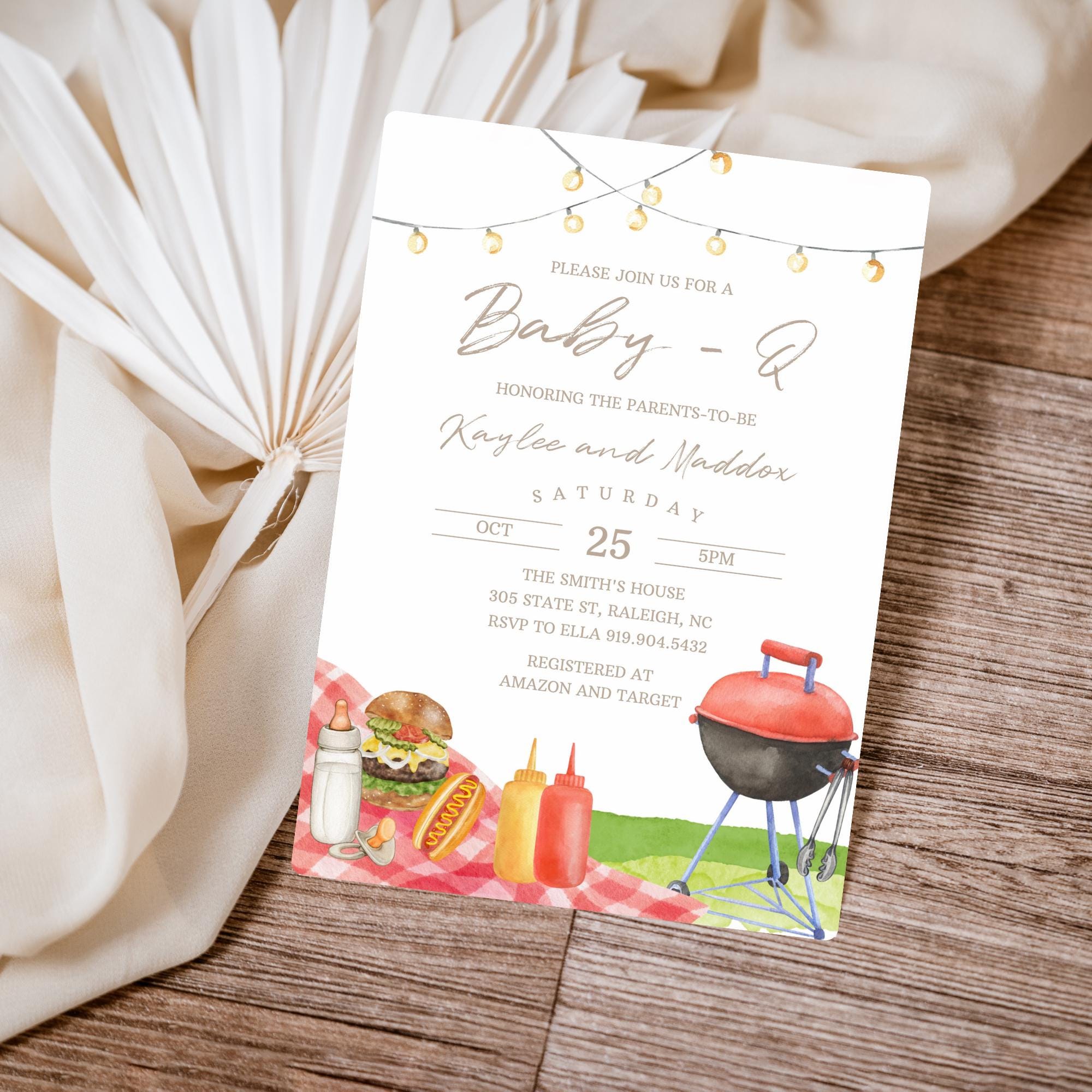 Invito per baby shower BBQ Invito per baby shower per coppie Baby-Q Invito per baby shower in giardino Tema per festa barbecue Modello modificabile ne