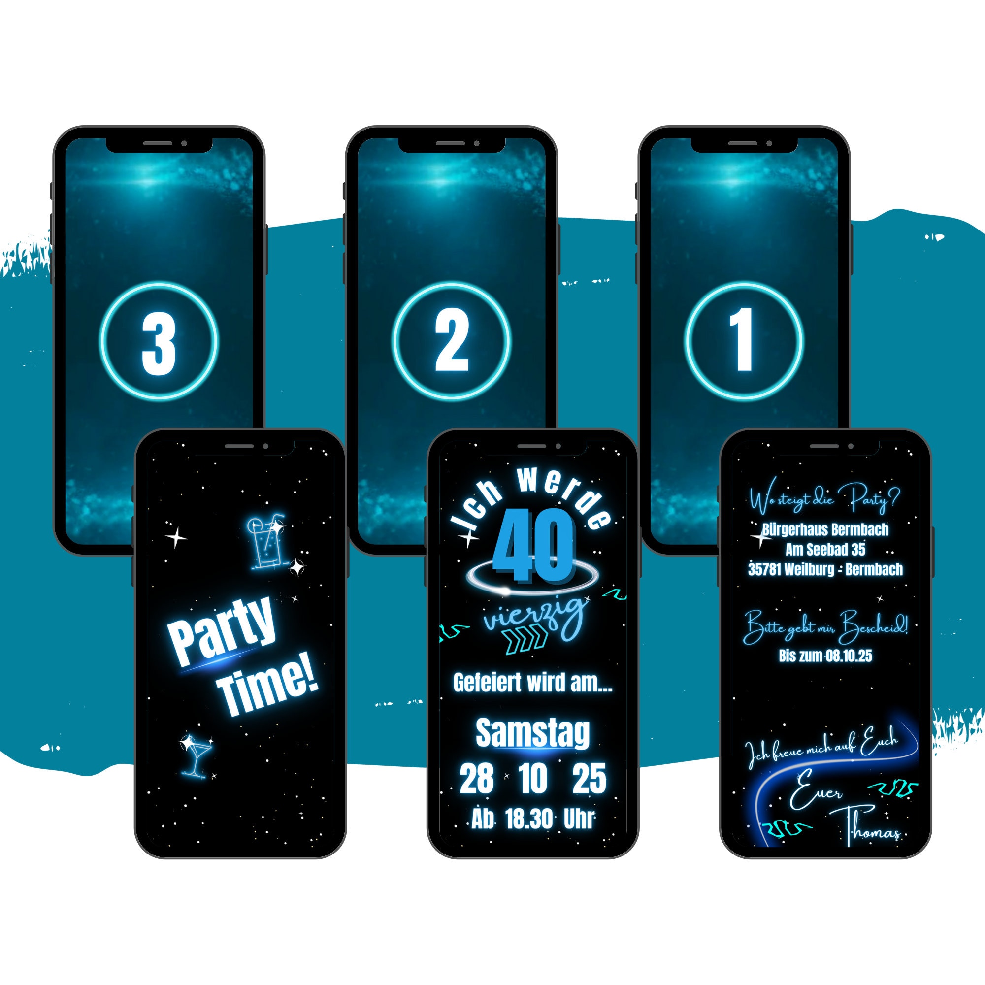 eCARD Invito per festa di compleanno blu neon | Invito digitale per compleanno WhatsApp | Biglietto d'invito animato personalizzato per cellulare per