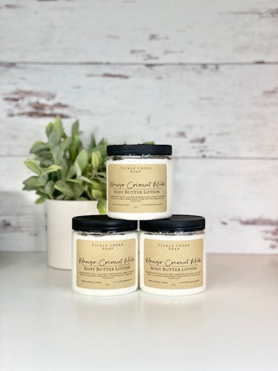 Burro corpo al latte di cocco e mango Lozione idratante Lozione fatta a mano Crema corpo naturale Lozione densa Cura della pelle al latte di capra Cur