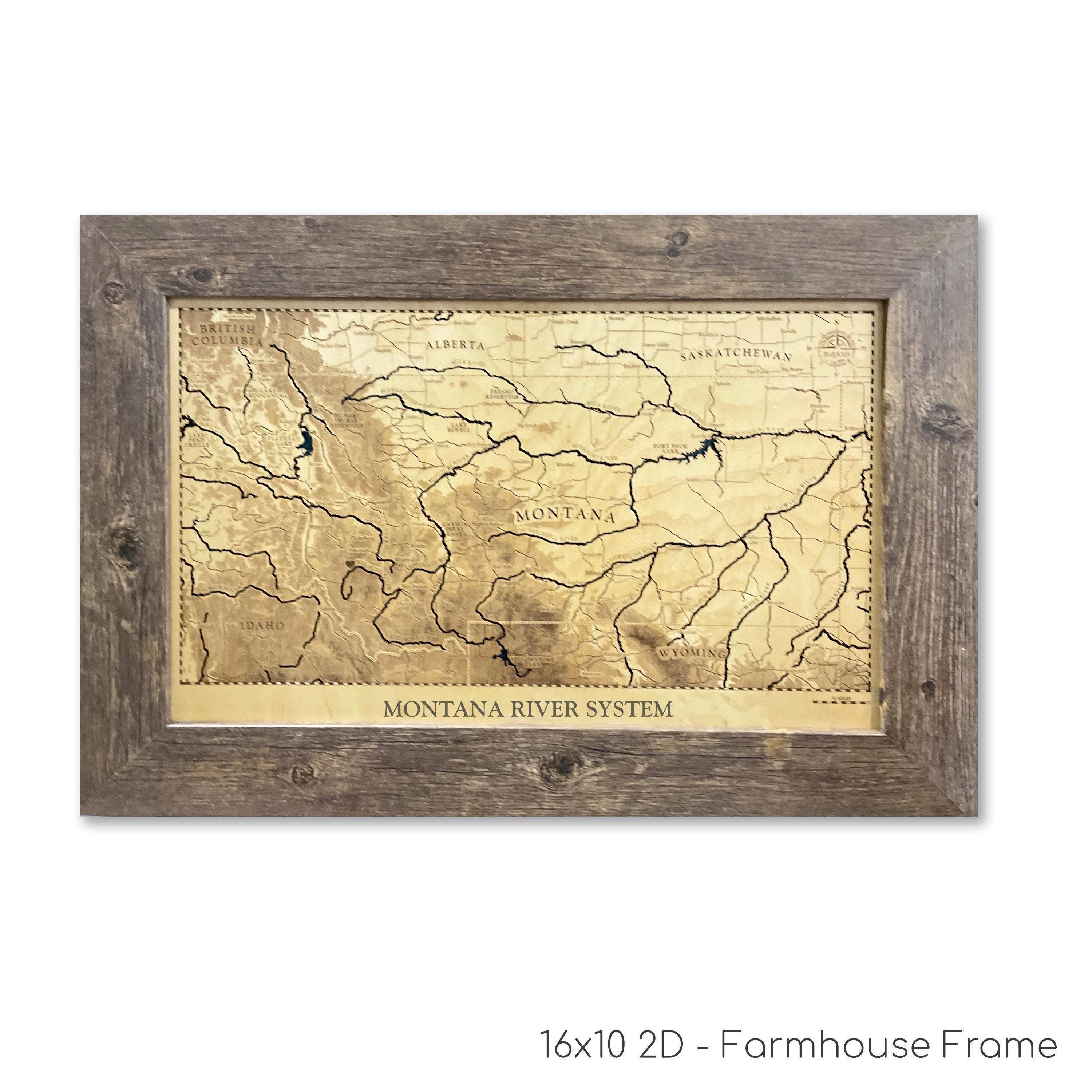 Mappa dei sistemi fluviali del Montana, mappa del Montana, mappa del territorio, mappa in legno personalizzata, arte murale 3D, mappa dei contorni, ar