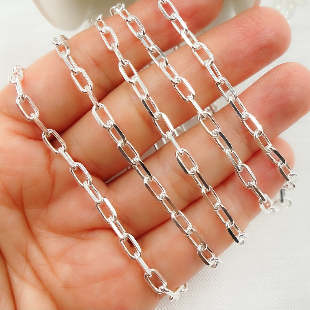 Catena in argento Sterling 925 da 6 x 4 mm, catena a maglie rettangolari con taglio a diamante, catena a bracciale spessa con graffetta, catena spessa