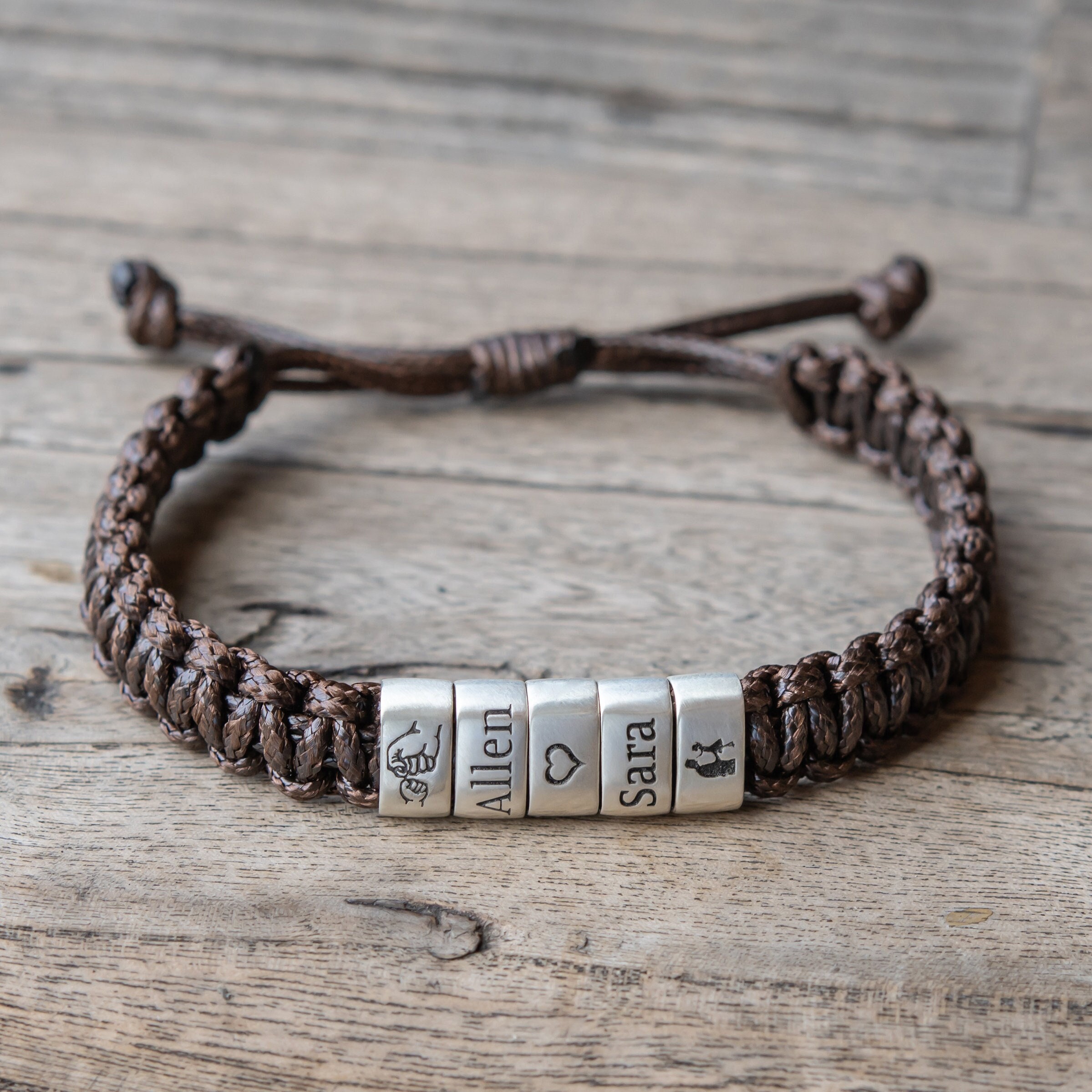 Bracciale intrecciato in pelle personalizzato: perline con nome personalizzato, argento sterling