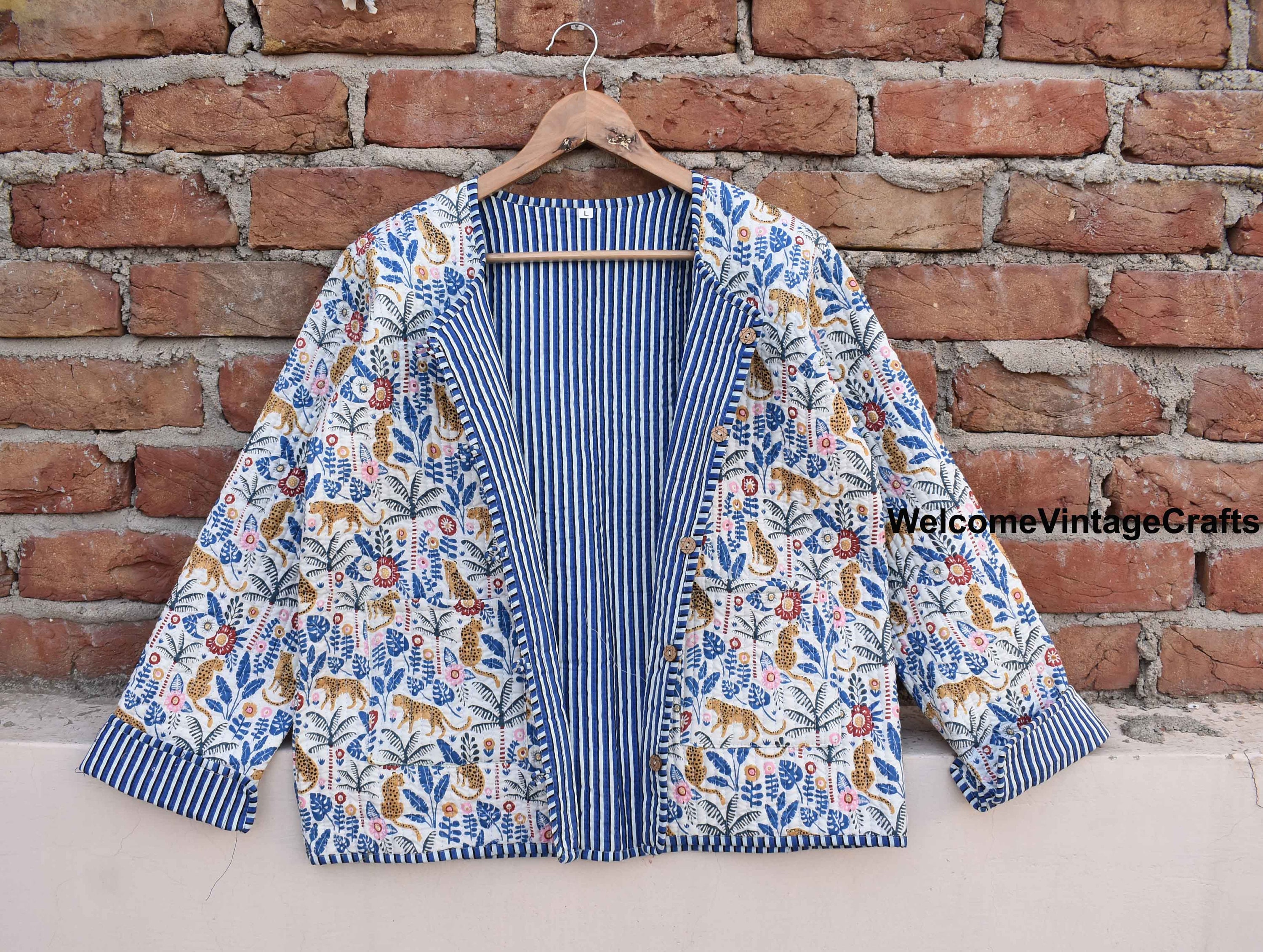 Giacca trapuntata in cotone da donna, con apertura frontale, kimono con profili a righe, giacca trapuntata vintage fatta a mano, cappotti, nuovo stile
