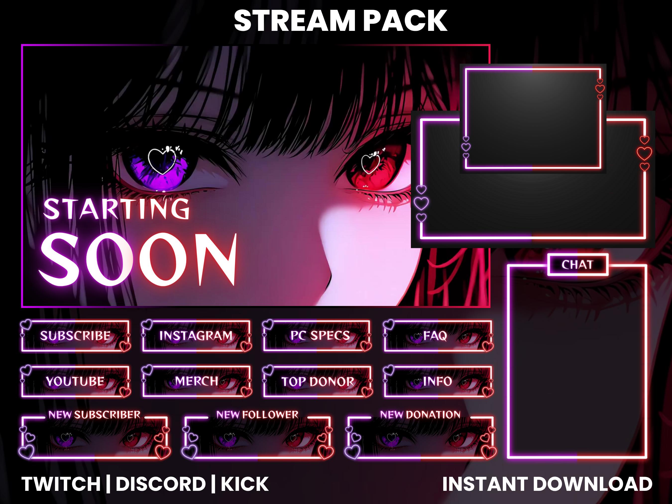 Pacchetto di sovrapposizioni di streaming di ragazze anime per Twitch, YouTube, Kick / Schermate animate, avvisi al neon, pannelli e layout webcam / N