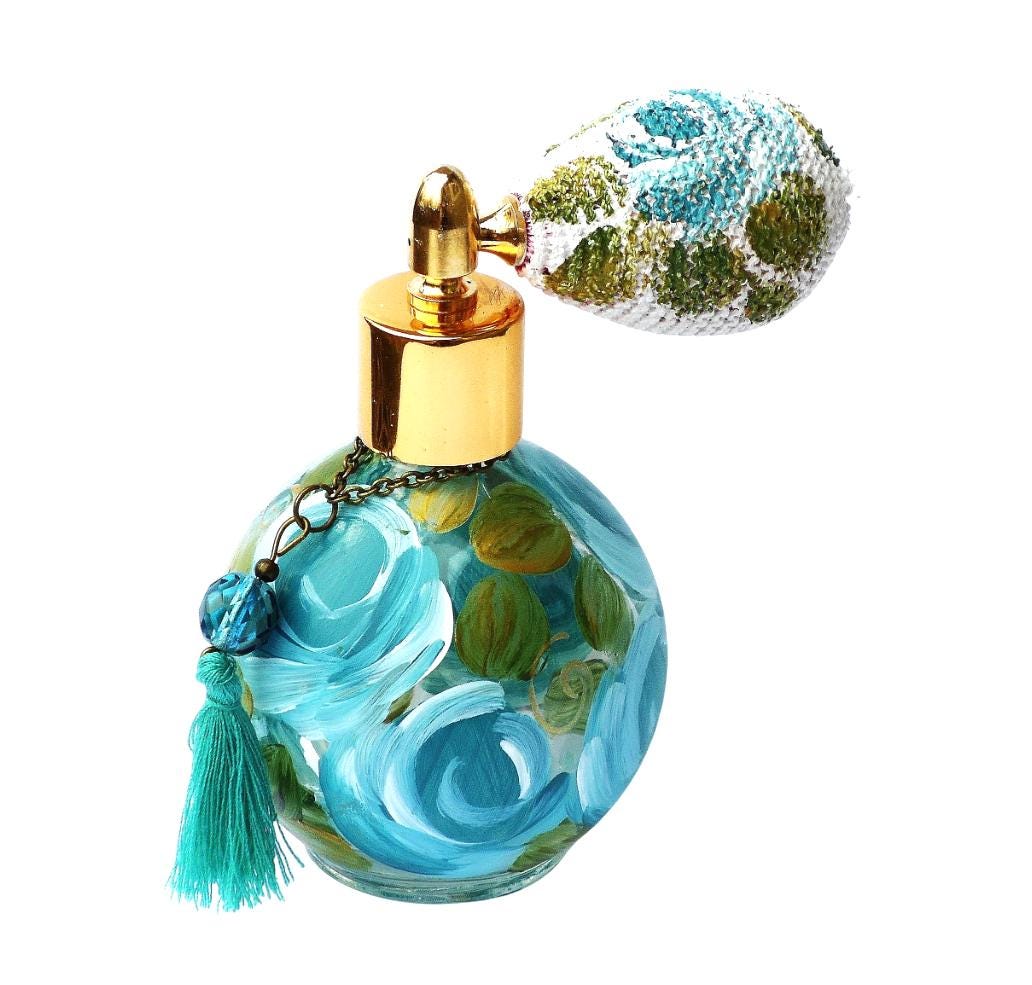 Atomizzatore di profumo in stile vintage, rose blu turchese dipinte a mano, decorazione per toeletta da camera da letto shabby chic