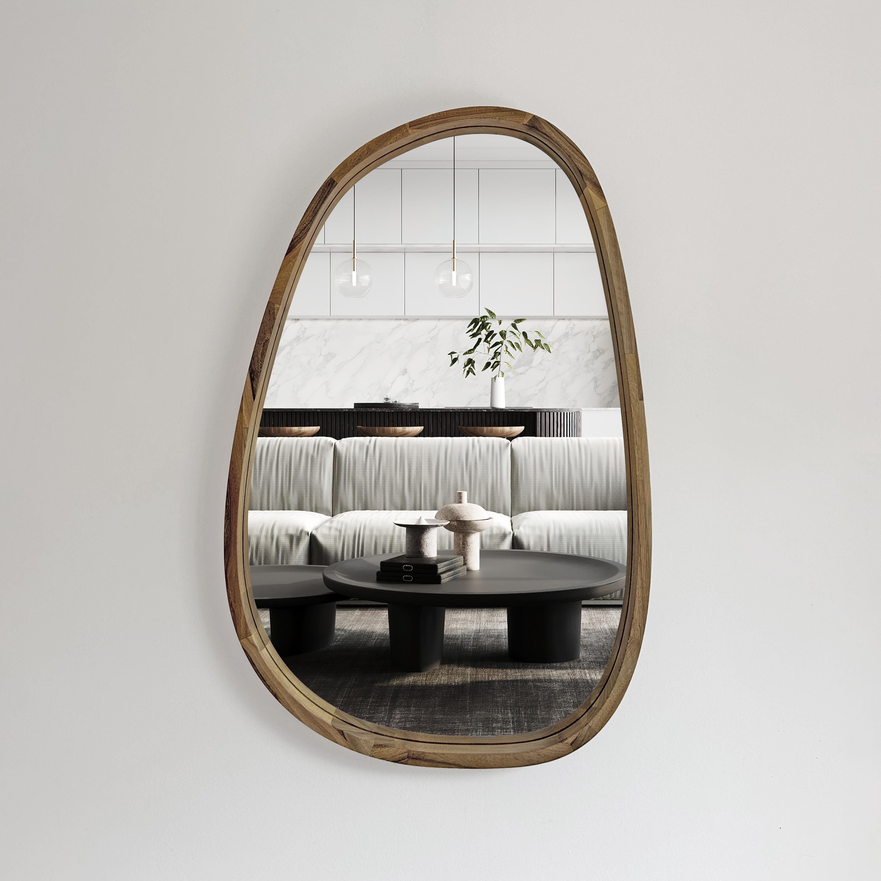 Specchio in legno a goccia / Specchio da bagno asimmetrico / Cornice in rovere, noce e frassino / Stile boho di metà secolo / Decorazione murale reali