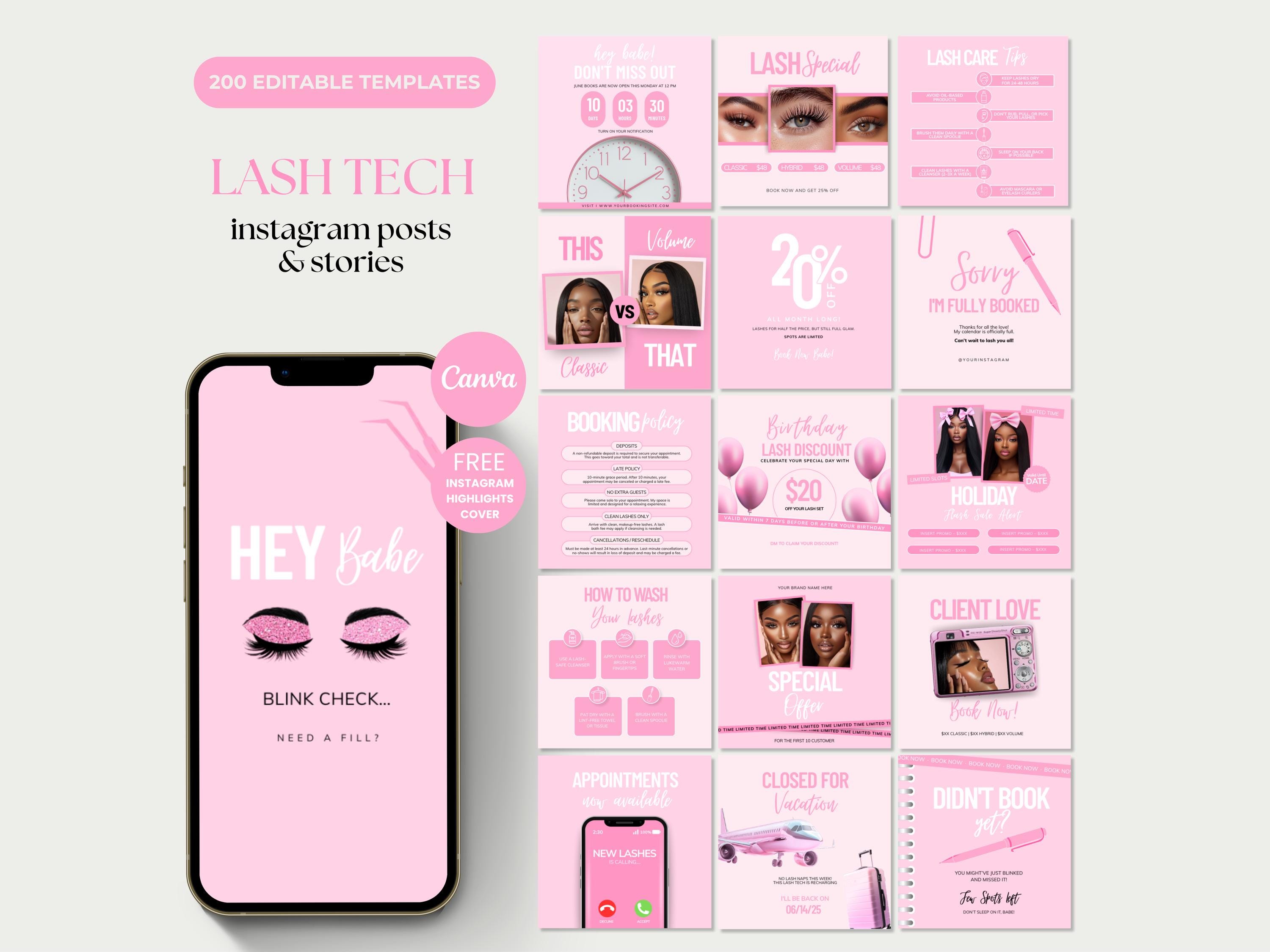 Lash Tech Post sui social media Modello per Instagram per ciglia Lash Artist Branding Lash Tech Post su Instagram Lash Tech Canva Flyer Libri Ciglia
