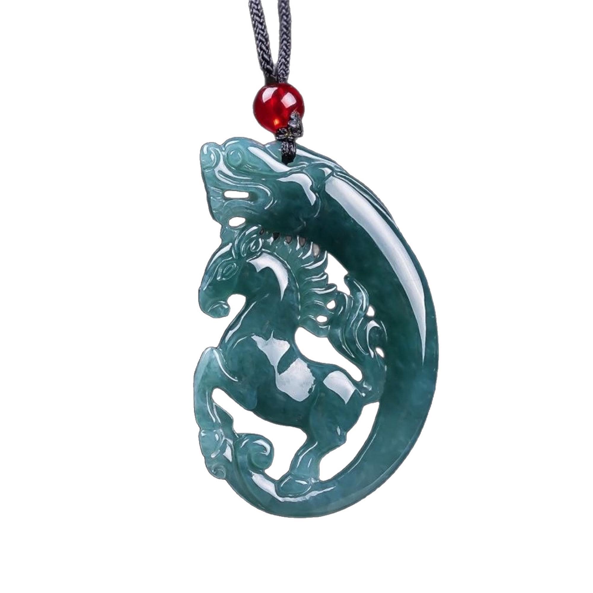 Ciondolo a forma di cavallo in giadeite guatemalteca blu acquosa naturale di tipo A non trattata, intagliato a mano, giadeite guatemalteca, zodiaco ci
