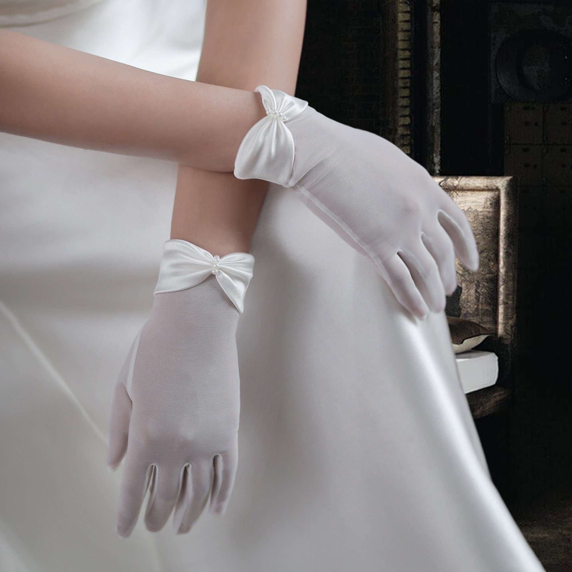 Guanti da sposa vintage con fiocco, guanti in rete, guanti da sposa corti, guanti da sposa per la sposa, eleganti guanti trasparenti per il tè, guanti