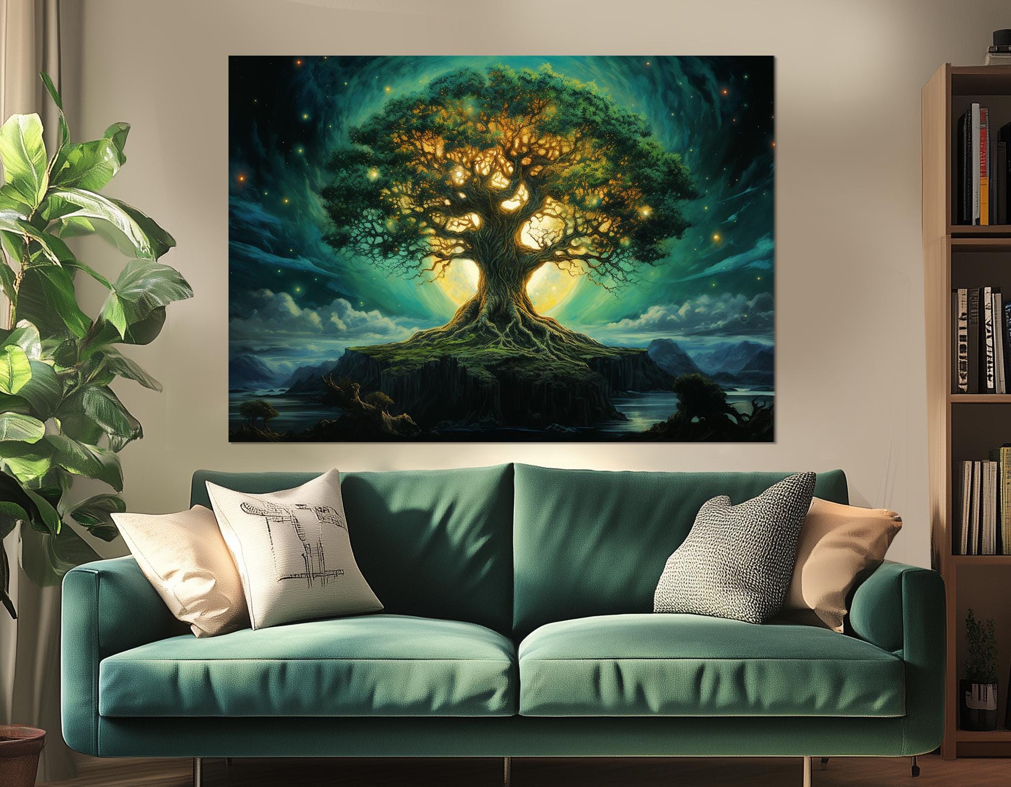 Stampa su tela raffigurante l'albero di Yggdrasil, dipinto dell'albero della vita della mitologia norrena, decorazione murale dell'albero della vita,
