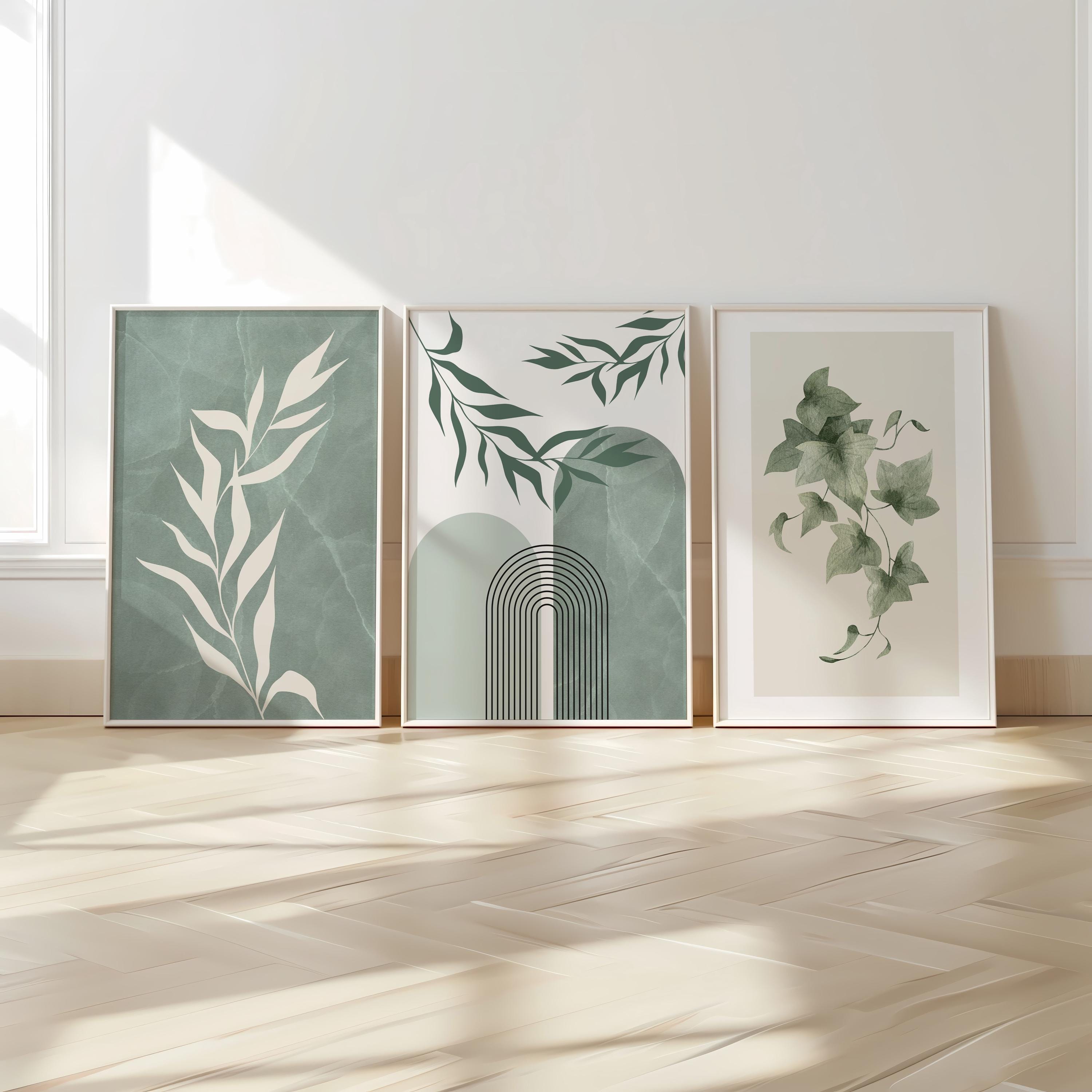 Stampe da parete Boho, set di 3 stampe da parete, stampe da parete verde salvia, poster astratti Boho, poster da parete con motivi geometrici floreali