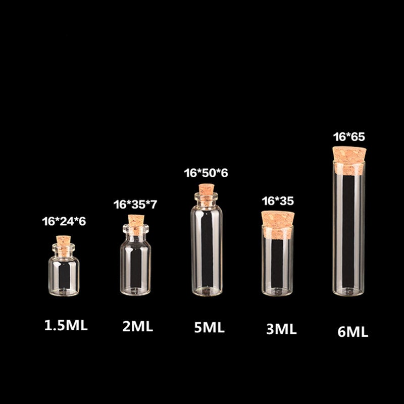 Bottiglie di vetro Fiale di vetro con tappo di sughero Piccole bottiglie 10 pezzi Mini piccole dimensioni in vetro: 16*24 mm 16*37 mm 16*45 mm 16*50 m