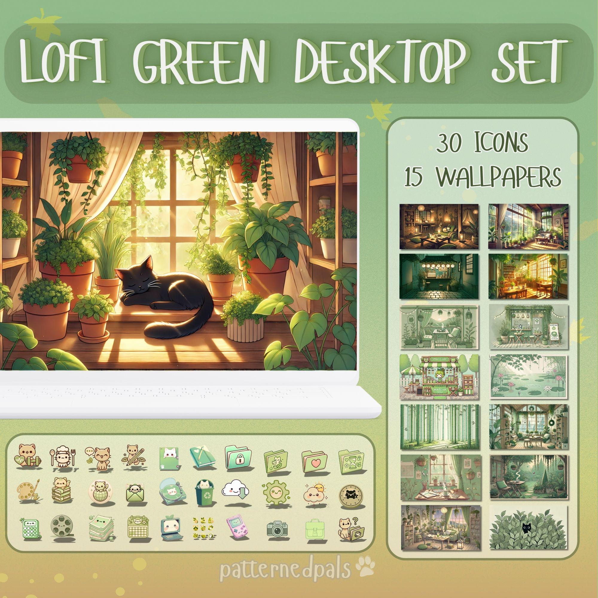 Sfondo desktop e set di icone Matcha Green - 15 sfondi estetici, 30 icone kawaii per desktop per PC e Mac, tema Organizer