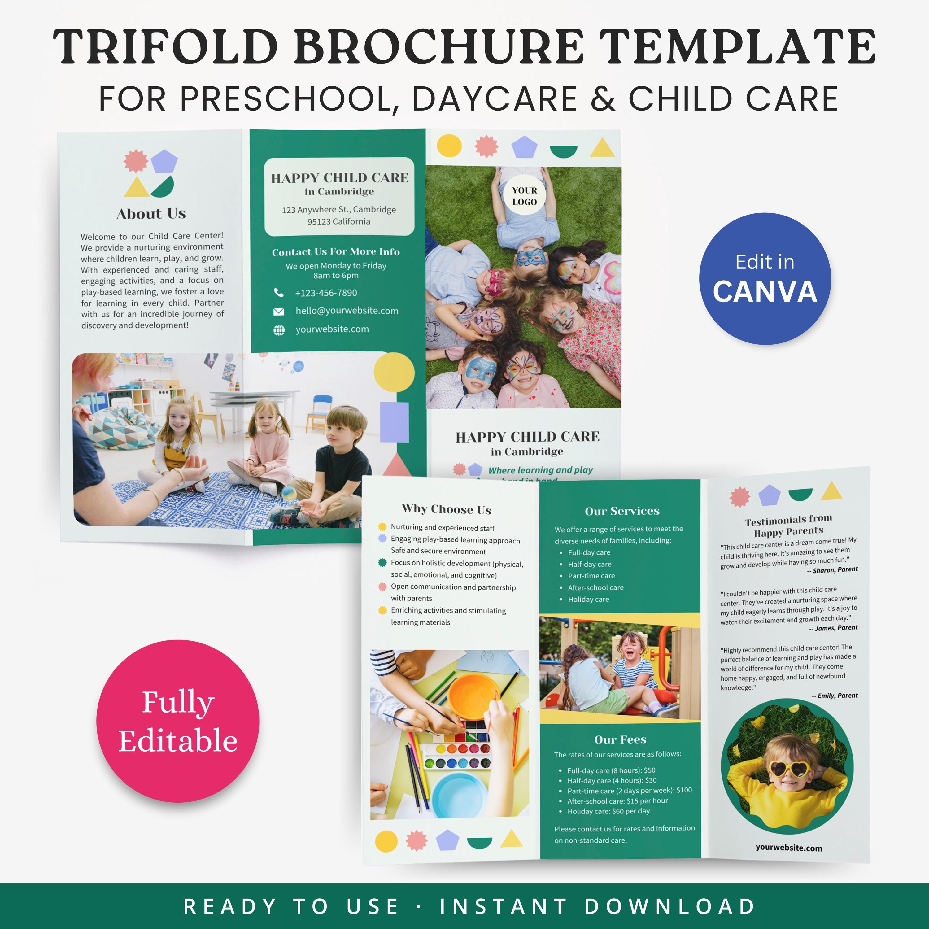 Modello di brochure a tre ante modificabile per asilo nido, volantino per scuola materna, volantino per assistenza all'infanzia, modello Canva, opusco