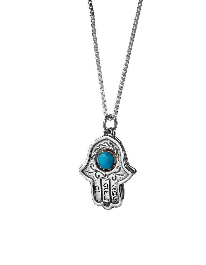 Ciondolo Hamsa della Kabbalah con turchese/granato/opale in oro 14 carati e argento, ciondolo per collana della Kabbalah ebraica, mano di Fatima, gioi