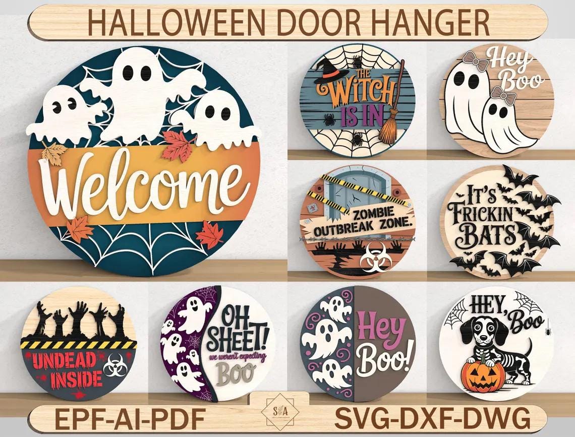 "Appendino per porta di Halloween in formato SVG, cartello di Halloween, cartello di benvenuto di Halloween, appendino per porta \"Stagione spettrale\","