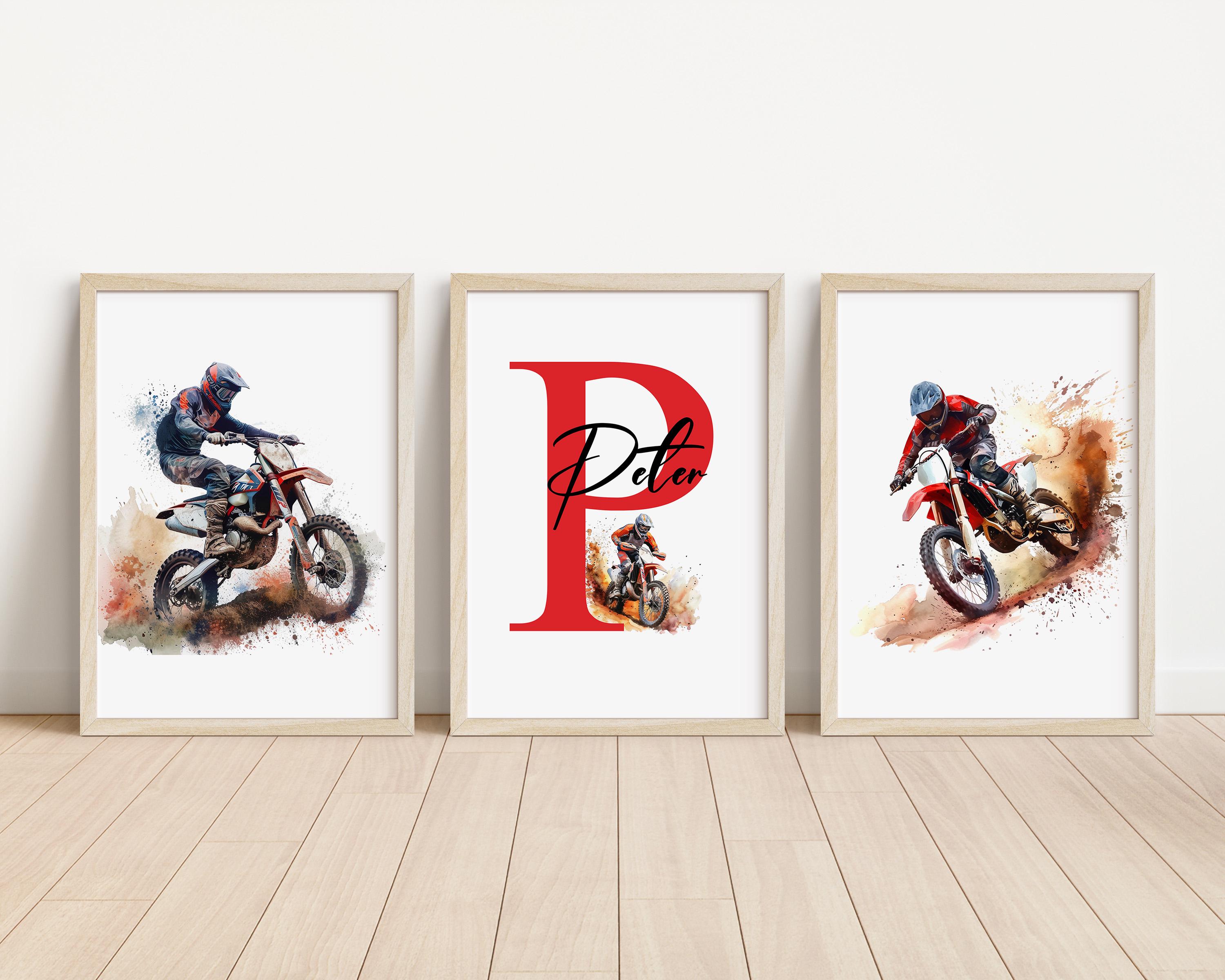 SET DI 3 Stampe Motocross Personalizzate, Decorazioni per la Camera dei Bambini, Stampe per la Cameretta dei Bambini con Moto da Cross, Arte Murale KT