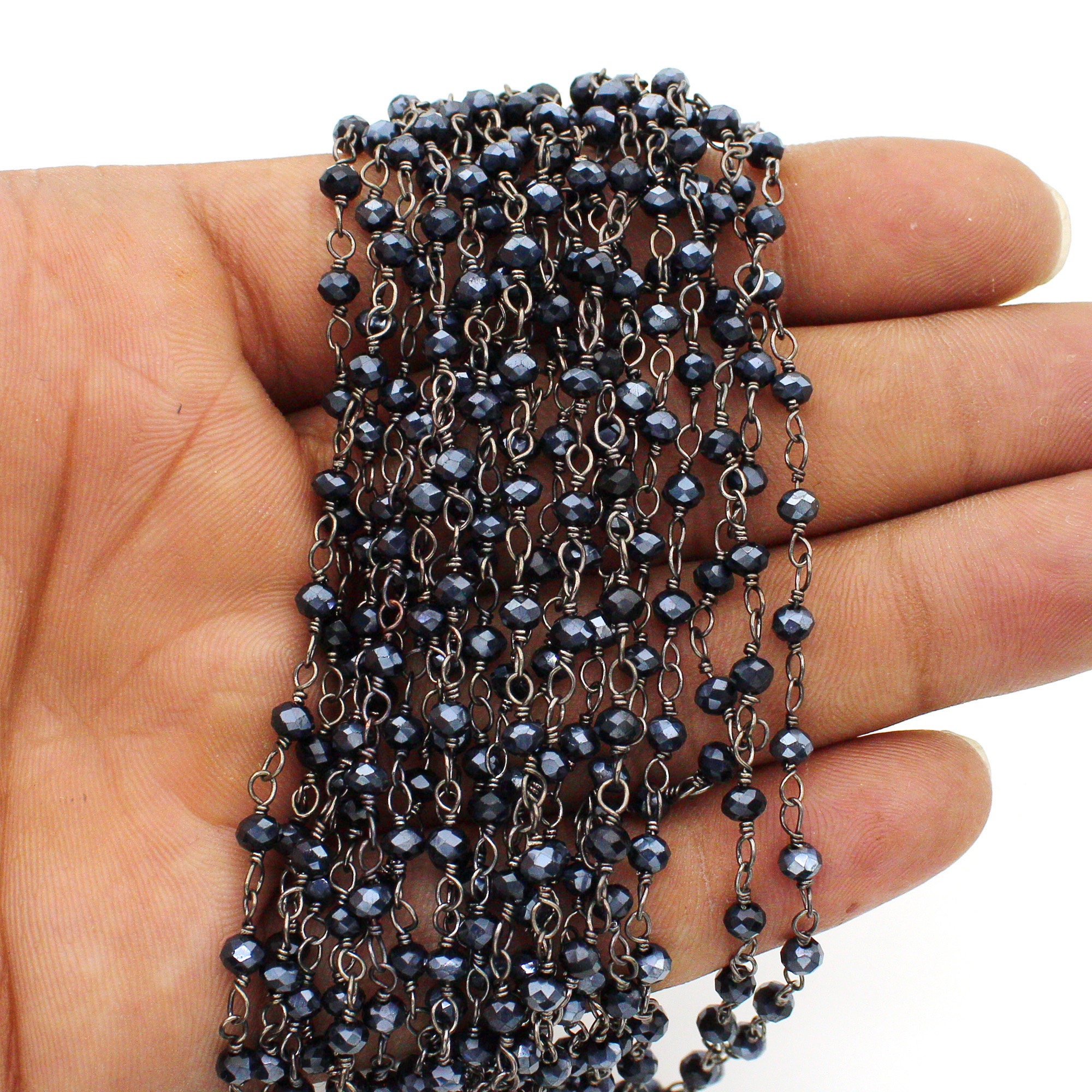 Rosary Beaded Chain, Black Tourmaline Hydro, Rondelle Coated Faceted, 3mm, Black Plated Wire Wrapped Chain, Bulk Roll, Handmade Craft Chain