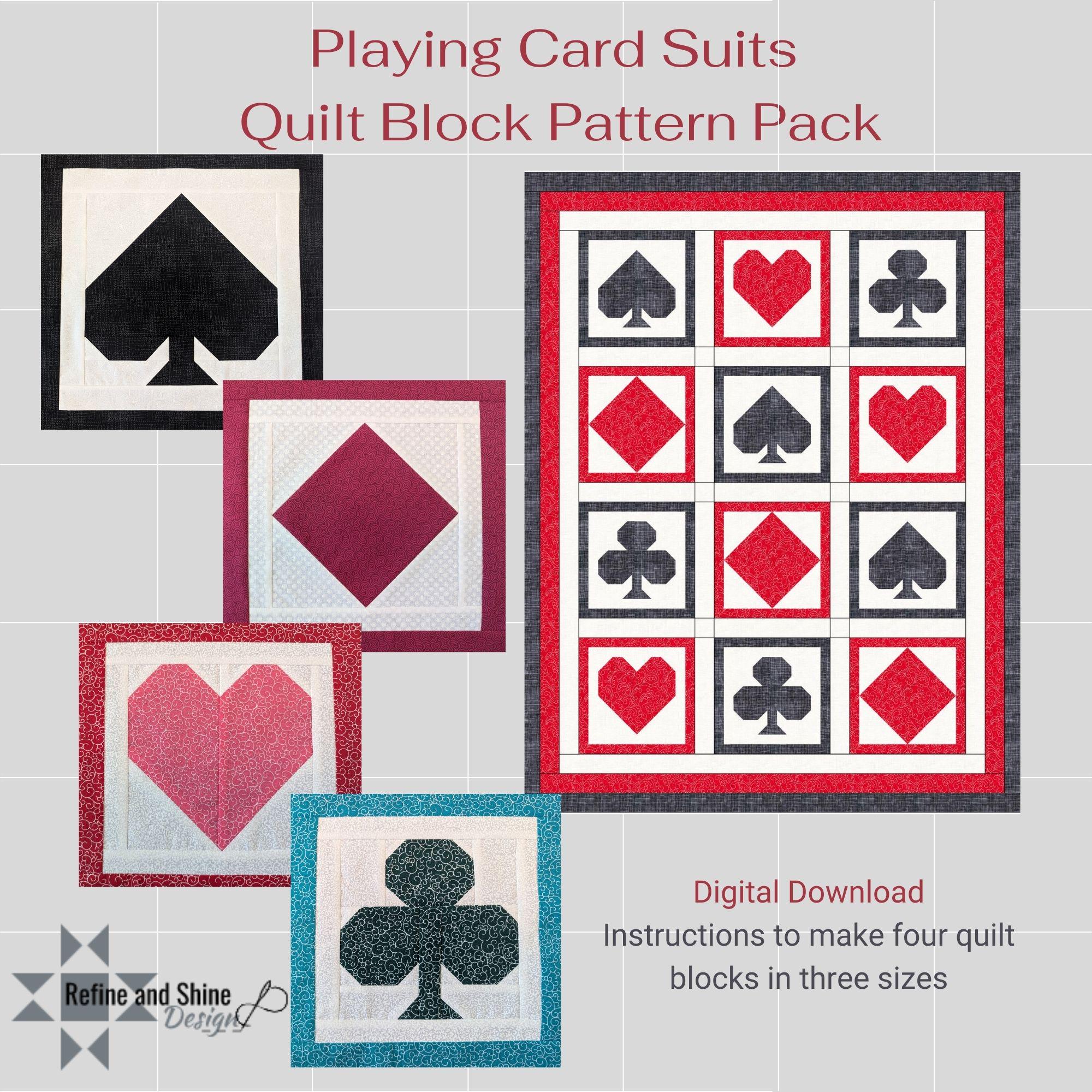 Pacchetto di modelli per trapunte con semi di carte da gioco, download immediato per modelli di blocchi per trapunte con fiori, quadri, cuori e picche