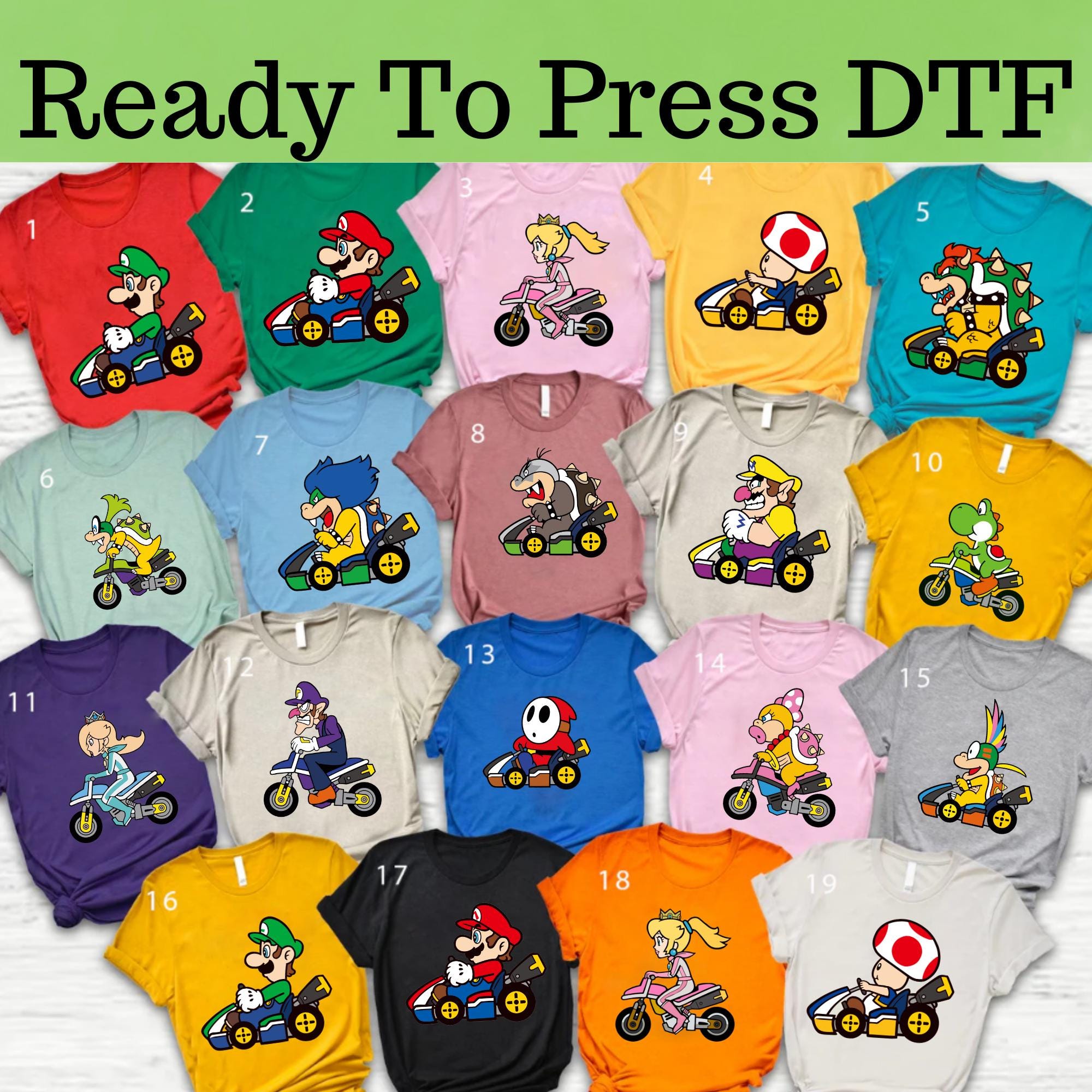Super Mario And Friends Kart DTF, Trasferimento DTF Personaggio Super Mario, Super Mario DTF, Maglietta Super Mario Kart, Maglietta Super Mario And Fr