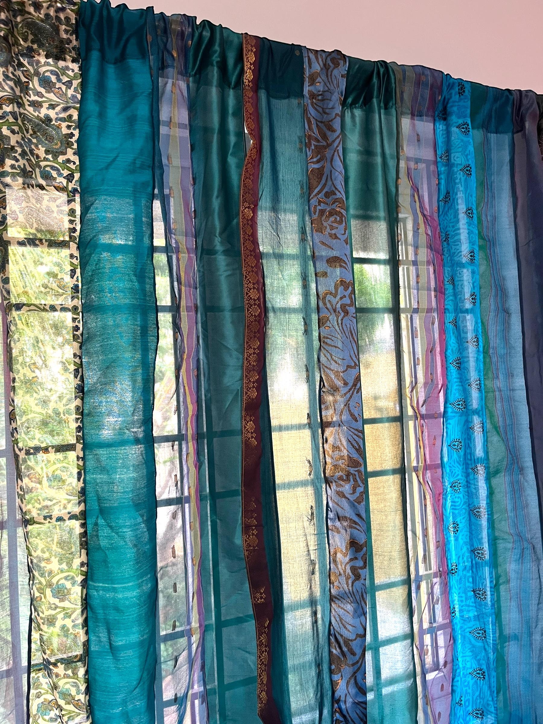 Tende da sari boho blu, tende da sari riciclate fatte a mano con strisce da sari, tenda hippie trasparente per finestre e porte, decorazioni per la ca
