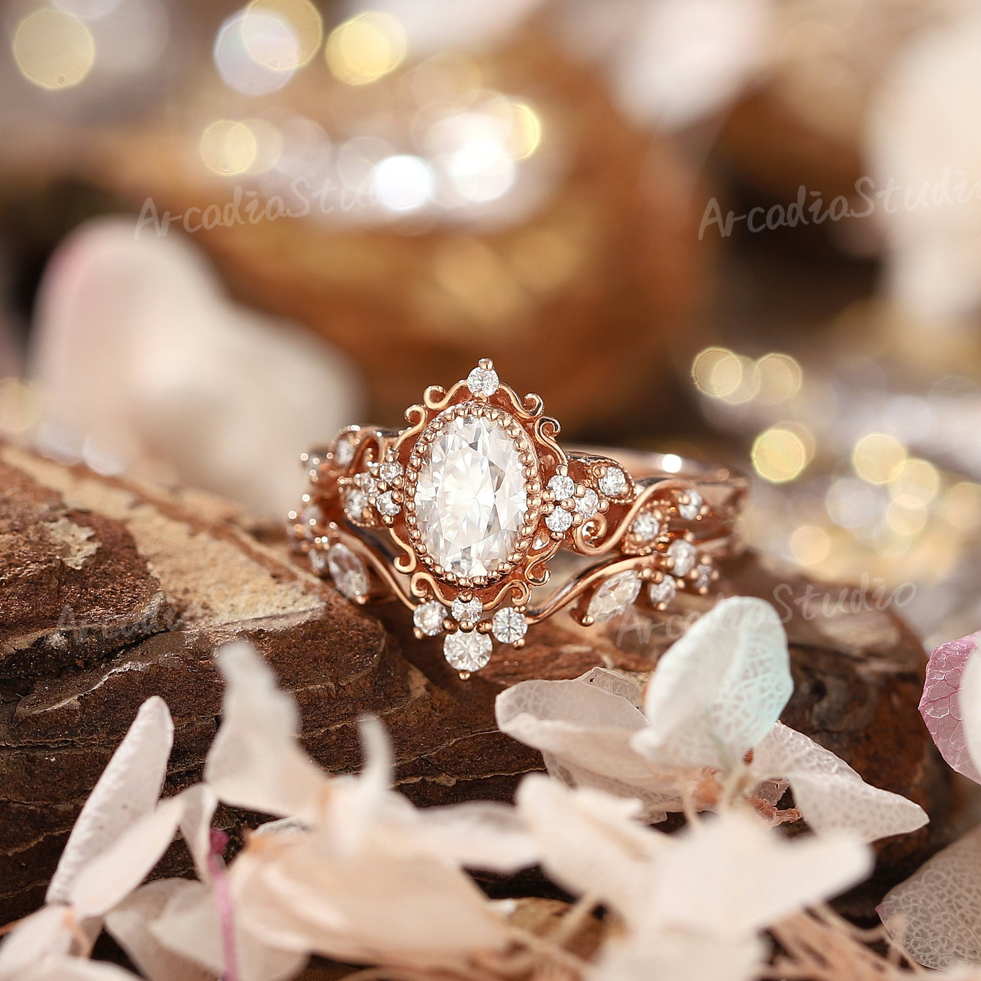 Set di anelli di fidanzamento con moissanite unici, anello floreale, anello in oro rosa, anello a foglia, set nuziale, anello con diamanti, anello a g