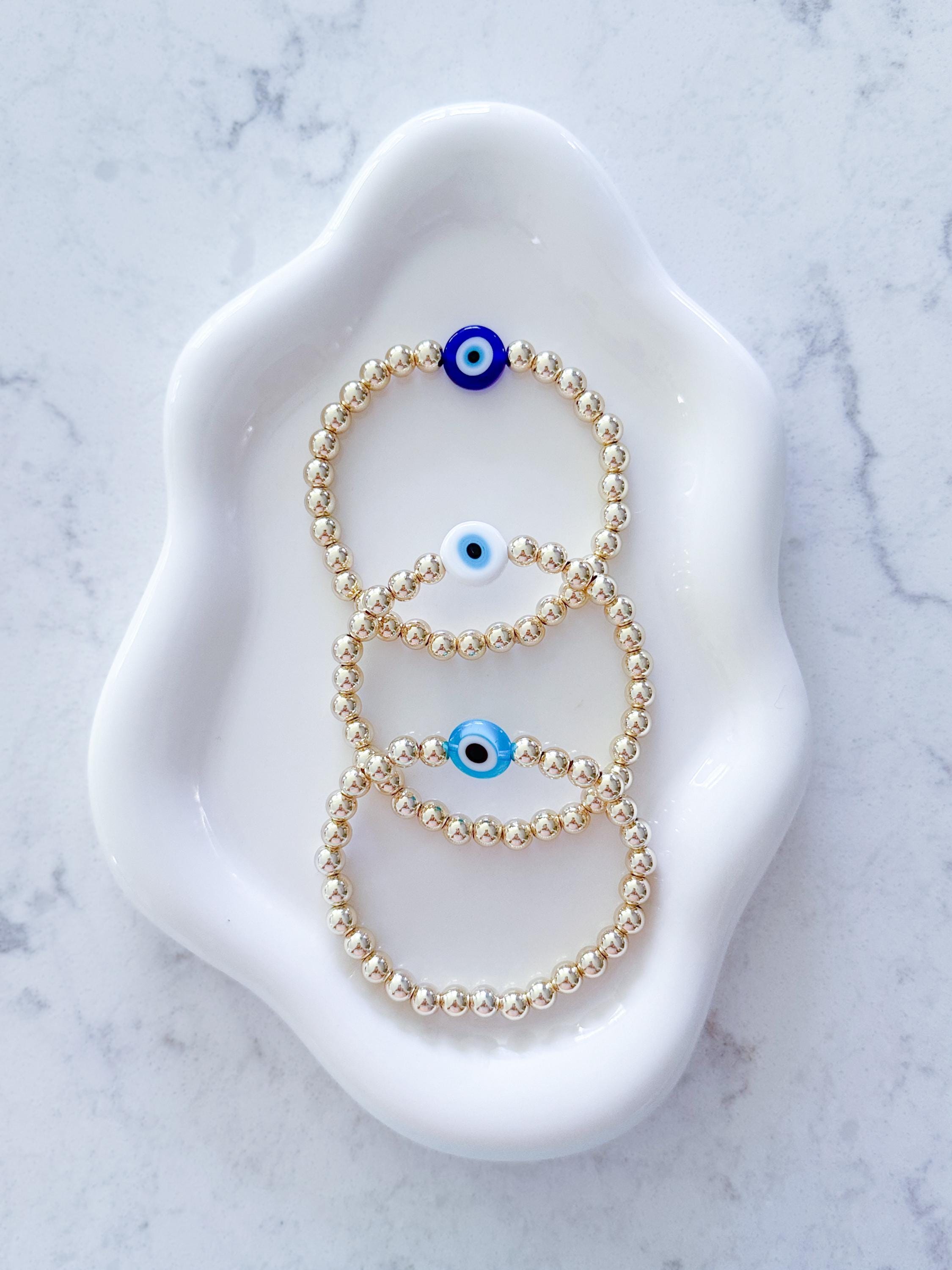 Bracciale con perline a forma di occhio di Allah, placcato o riempito d'oro 14 carati, con grande lente d'ingrandimento a forma di occhio di Allah.