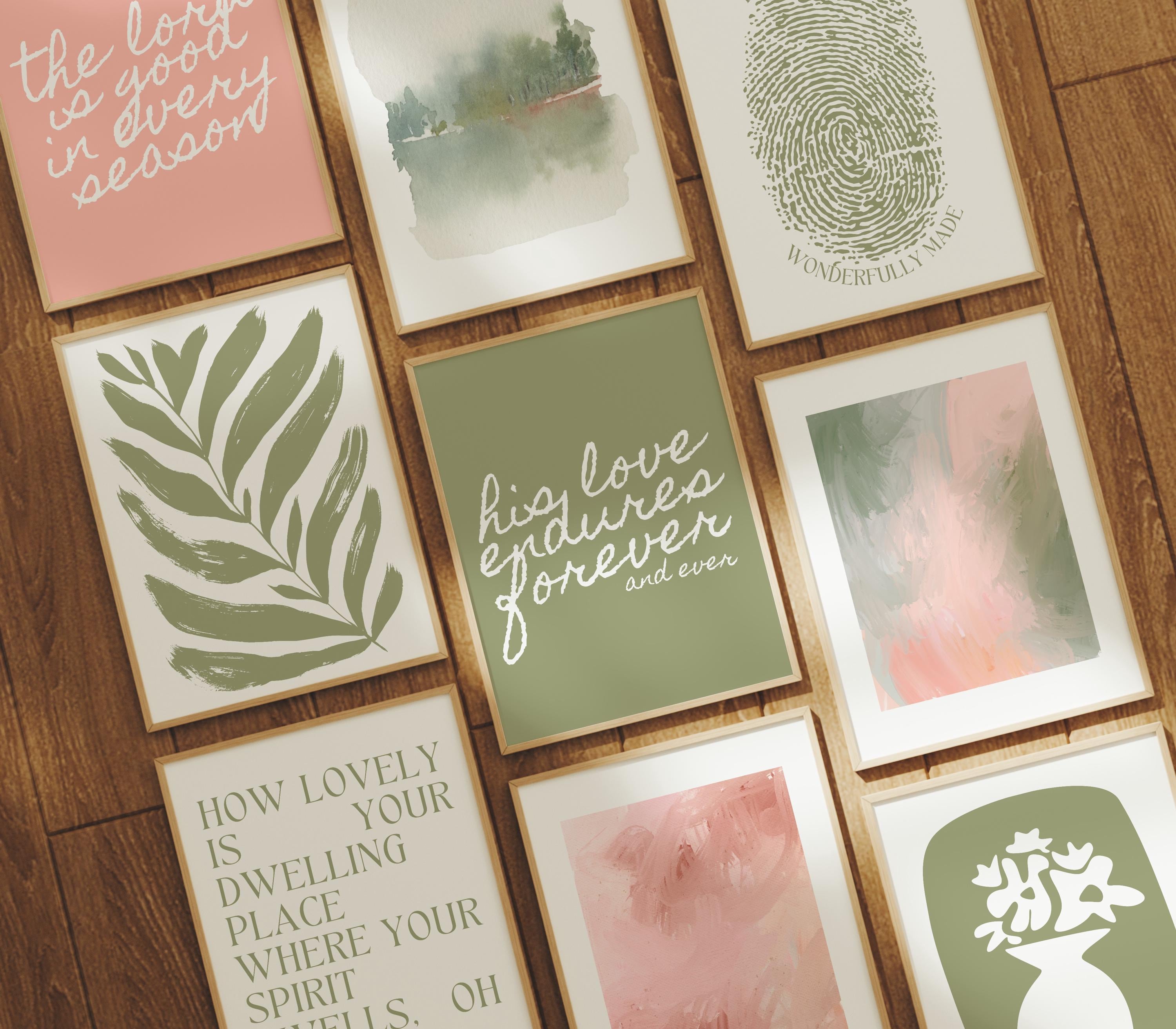 Set di 9 stampe murali cristiane alla moda: stampe verde salvia e rosa, stampe murali minimaliste con versetti della Bibbia, stampe boho con scritture