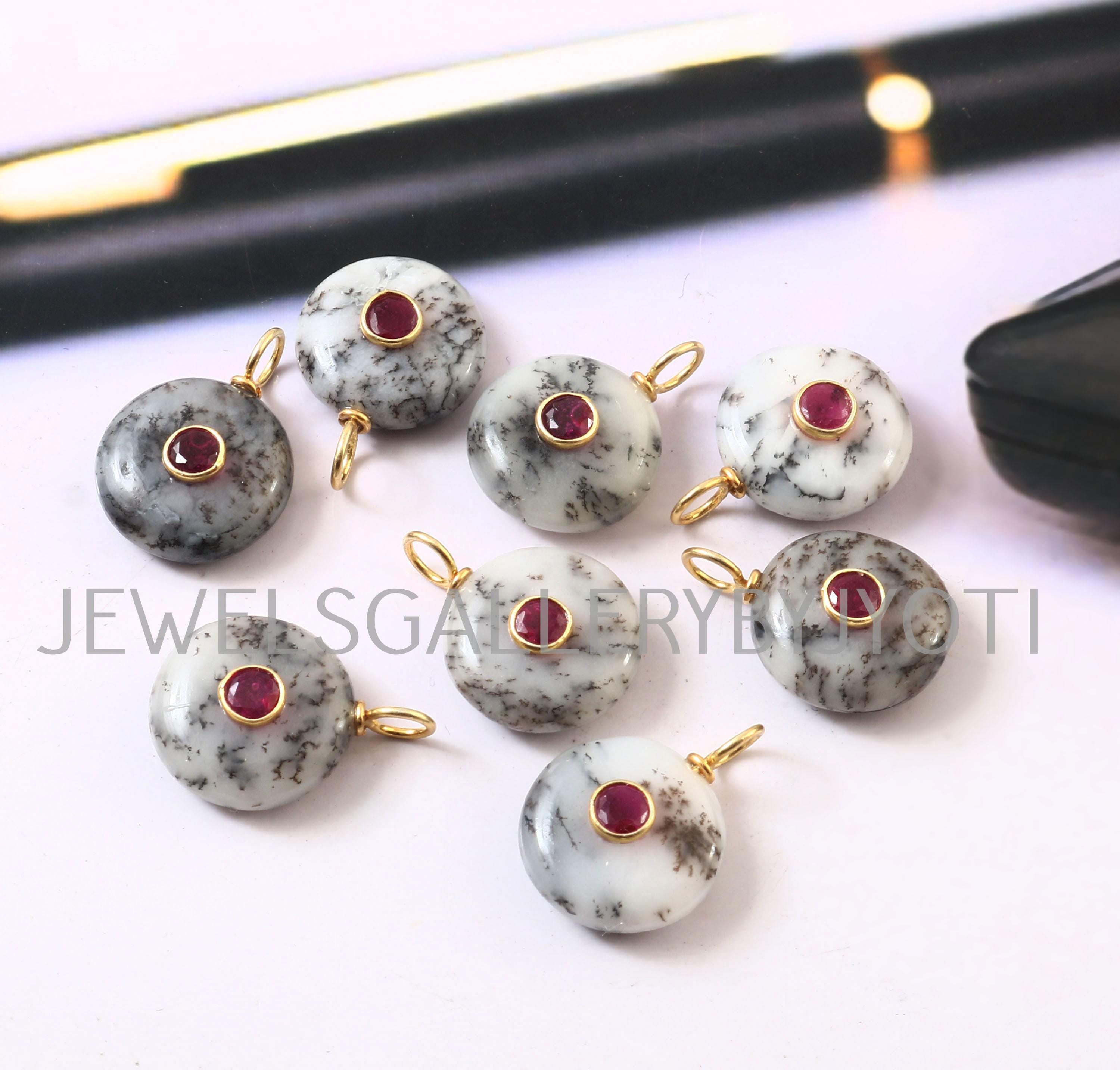 1/2 pezzi ciondolo in argento sterling con opale dendrite, forma rotonda liscia, ciondolo con pietra preziosa intarsiata, ciondolo in opale dendrite,