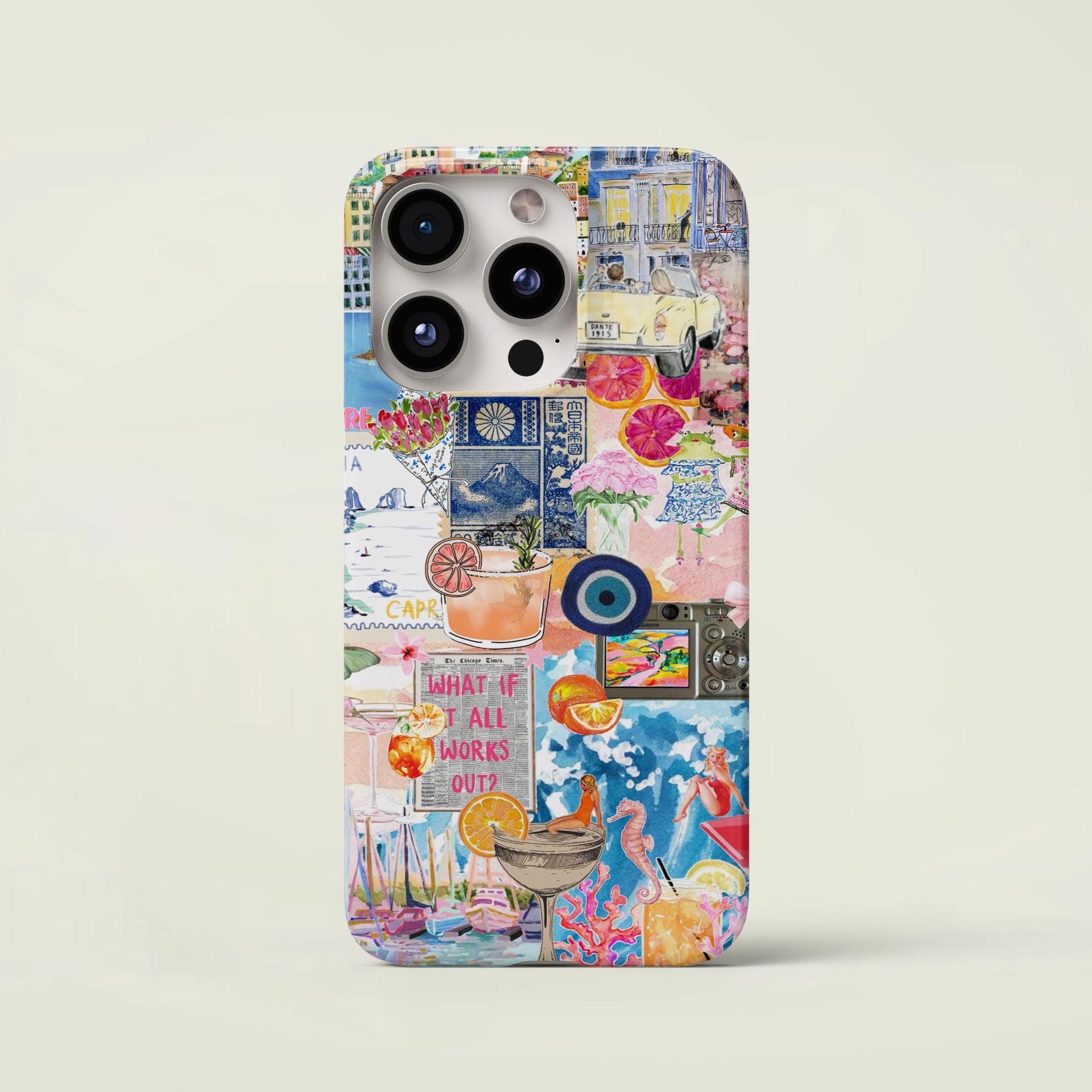 Cover per telefono con collage estivo europeo, estetica costiera, cover di tendenza per iPhone 16 Pro, 14, 15, 13, 12, 11, XR, 8, Samsung S24, S23, A5