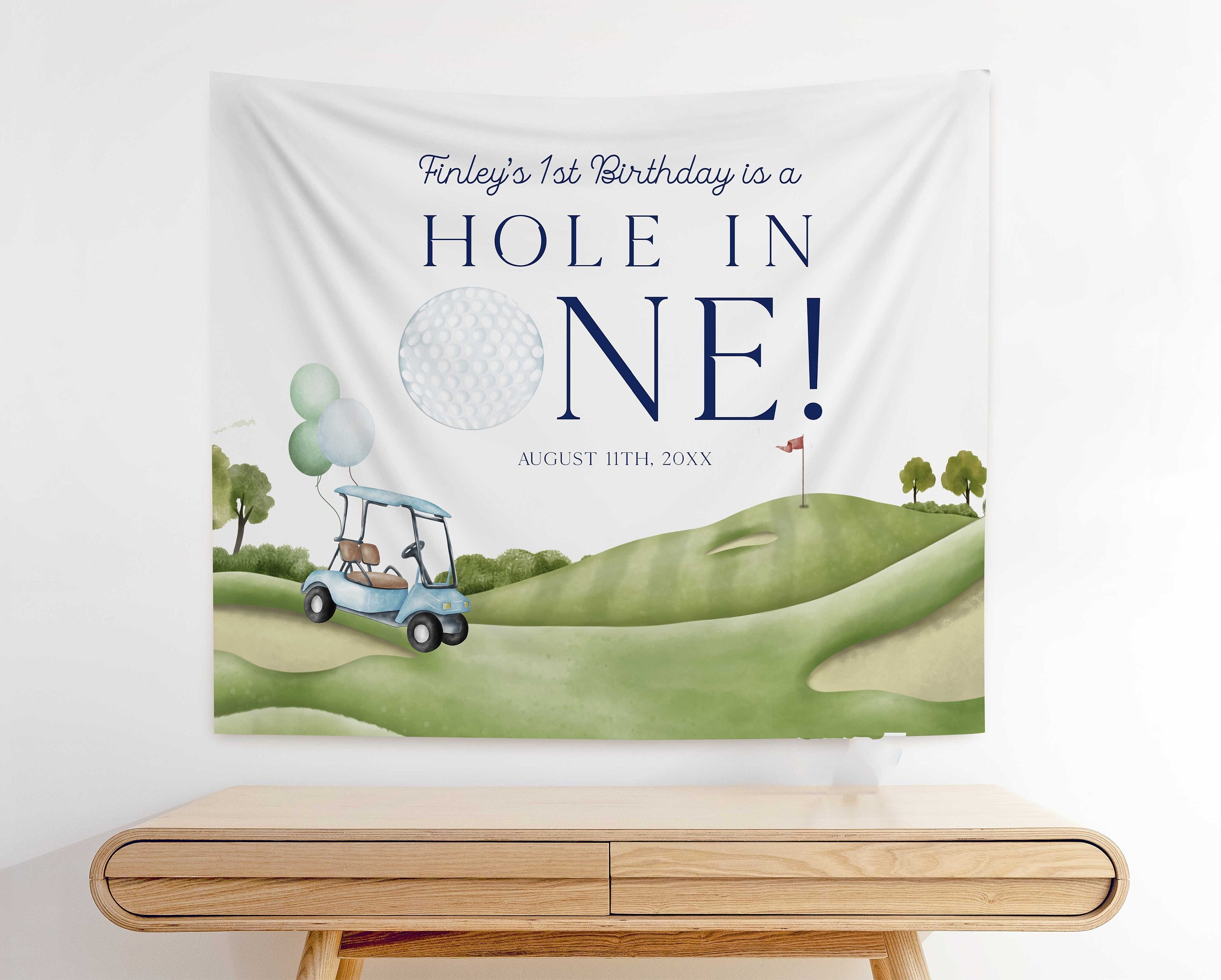 Sfondo di benvenuto per il primo compleanno di Golf Hole In One, striscione di benvenuto per compleanno di golf, decorazioni per feste Hole In One, st