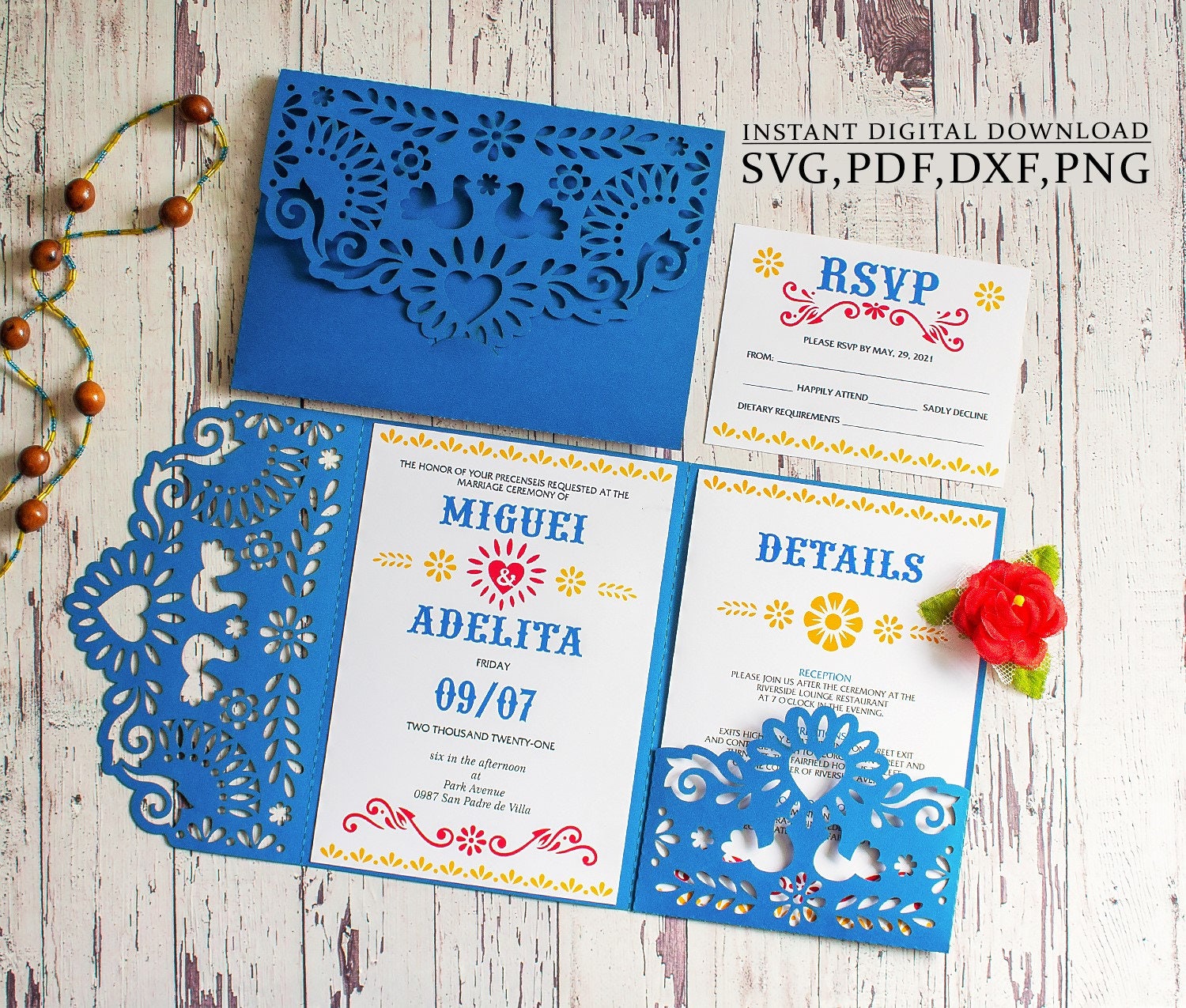 Modello di invito messicano, busta tascabile a tre ante per matrimonio 5x7 svg, per Cricut, taglio laser, Cameo svg dxf ai cdr