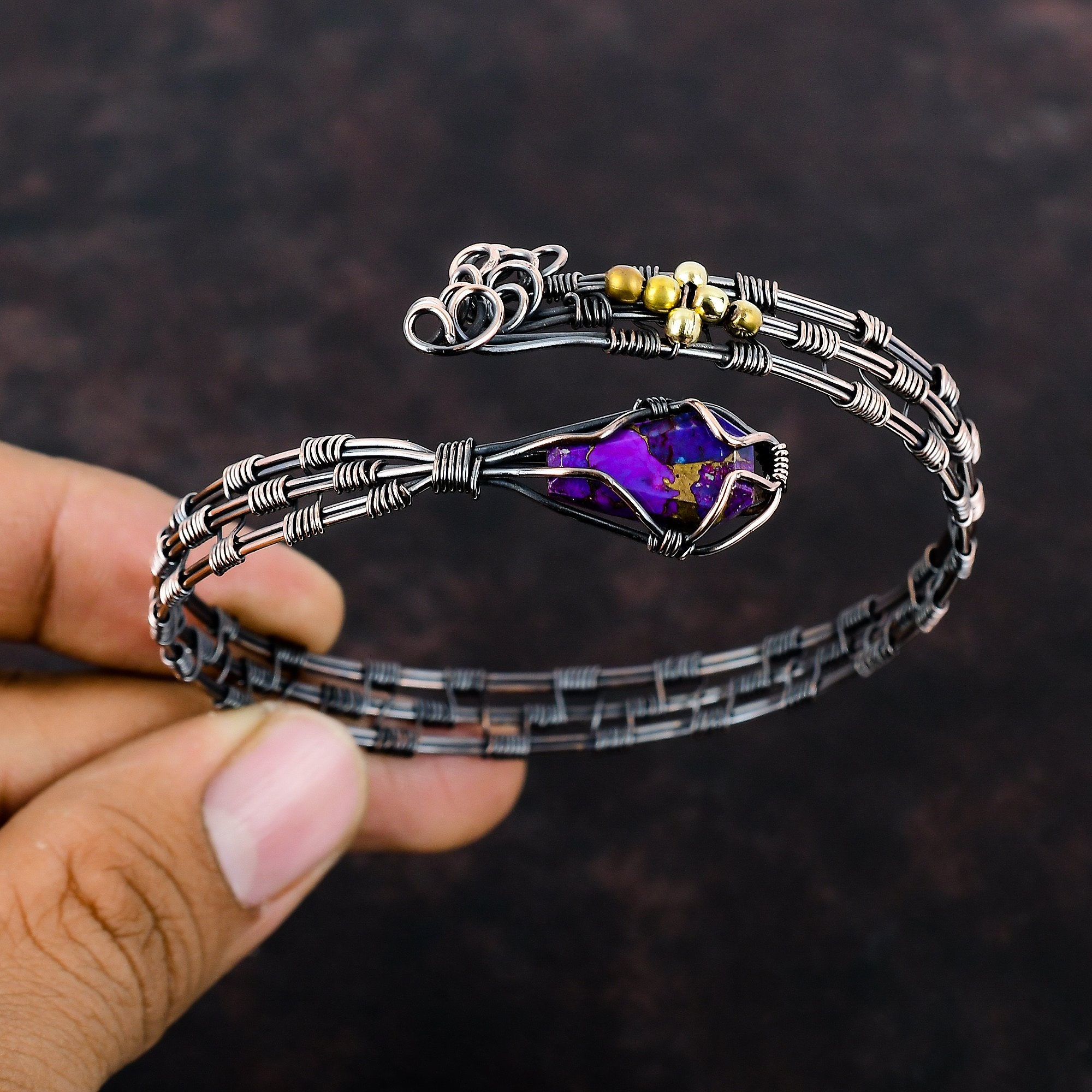 Bracciale rigido in rame viola turchese, bracciale rigido avvolto in filo di rame, bracciale rigido con pietre preziose, gioielli in rame, bracciale r