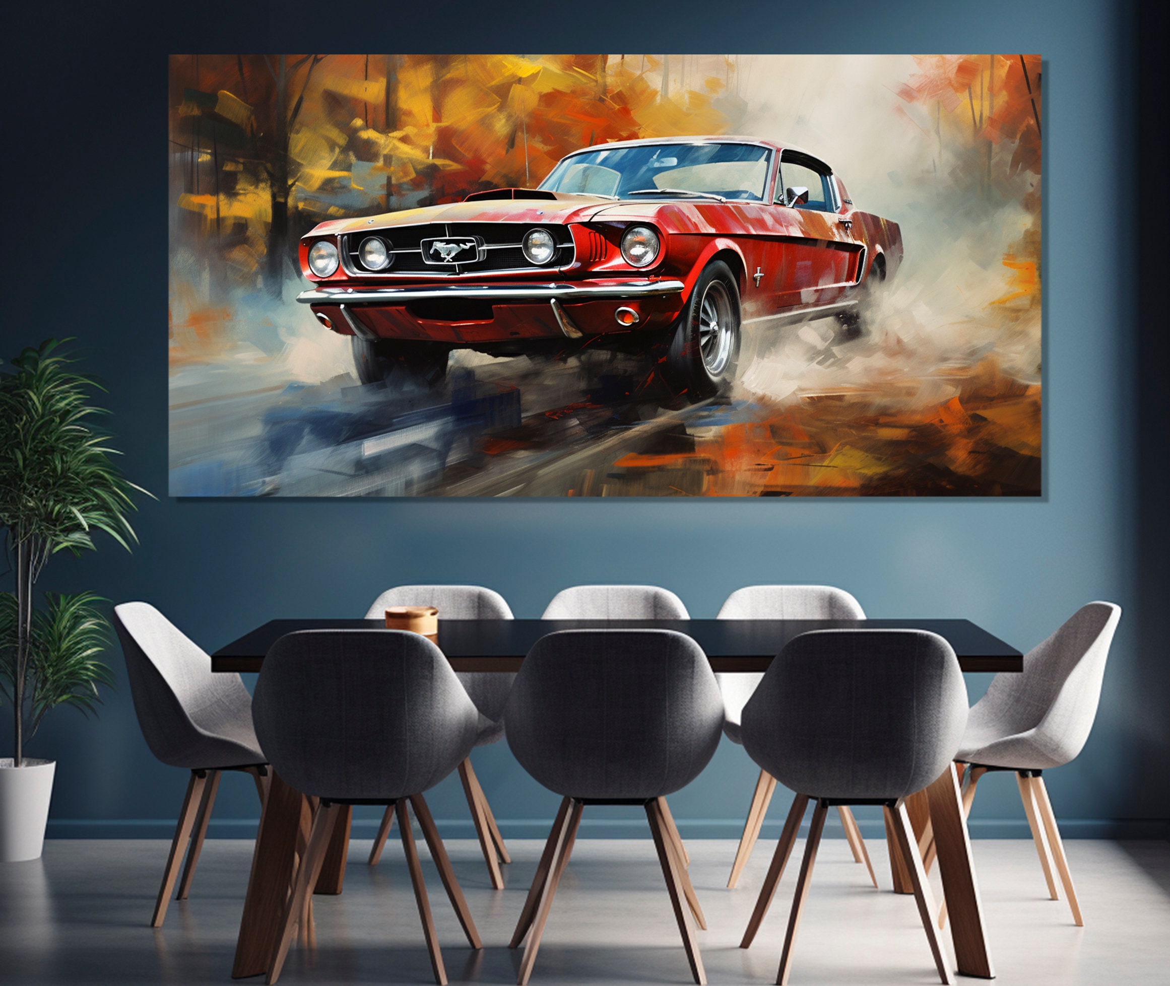 Dipinto Ford Mustang rossa, stampa su tela Ford Mustang, arte su tela di auto muscolose retrò, poster Ford Mustang d'epoca