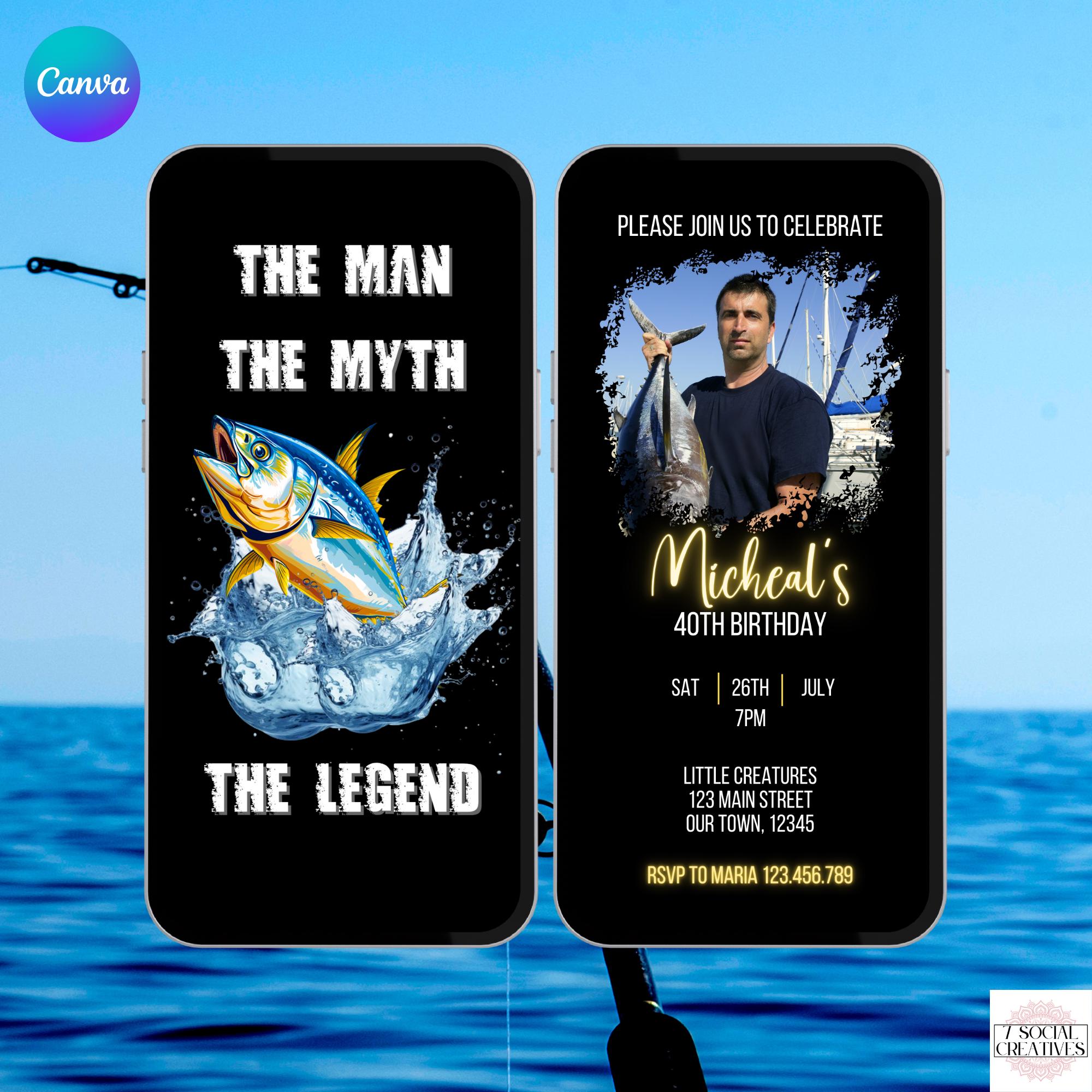 "Invito per la pesca maschile. Invito animato digitale a tema \"L'uomo, il mito, la leggenda dei pesci d'altura\". Modello modificabile fai da te per la"