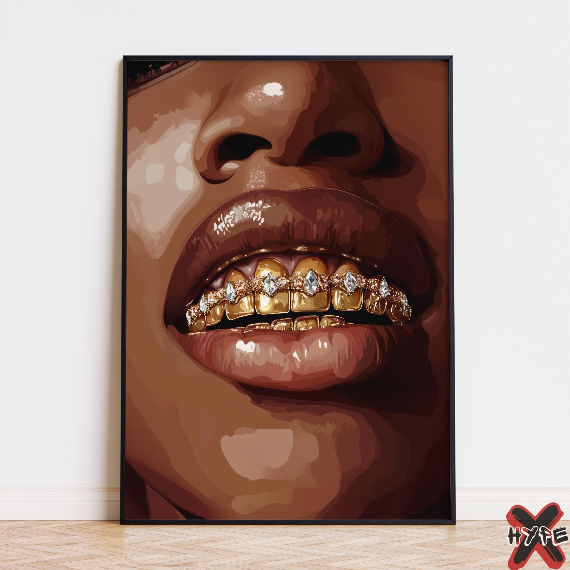 Stampa artistica Grillz Black, poster con denti d'oro di donna nera, arte Grillz stampabile, arte con melanina, denti di diamante, decorazioni per rag