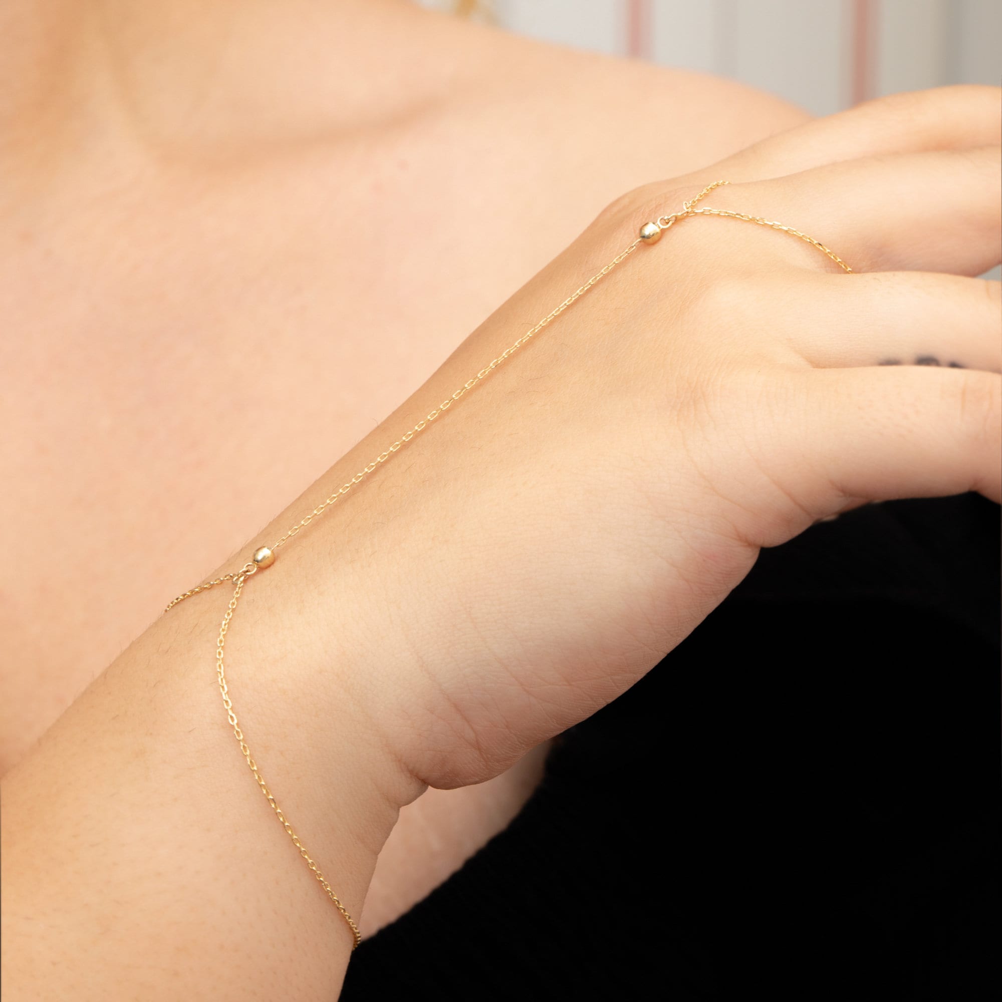 Delicato bracciale a catena con perline, bracciale minimalista a catena a maglie larghe, gioiello da mano in oro massiccio bianco rosa giallo 14k/18k,