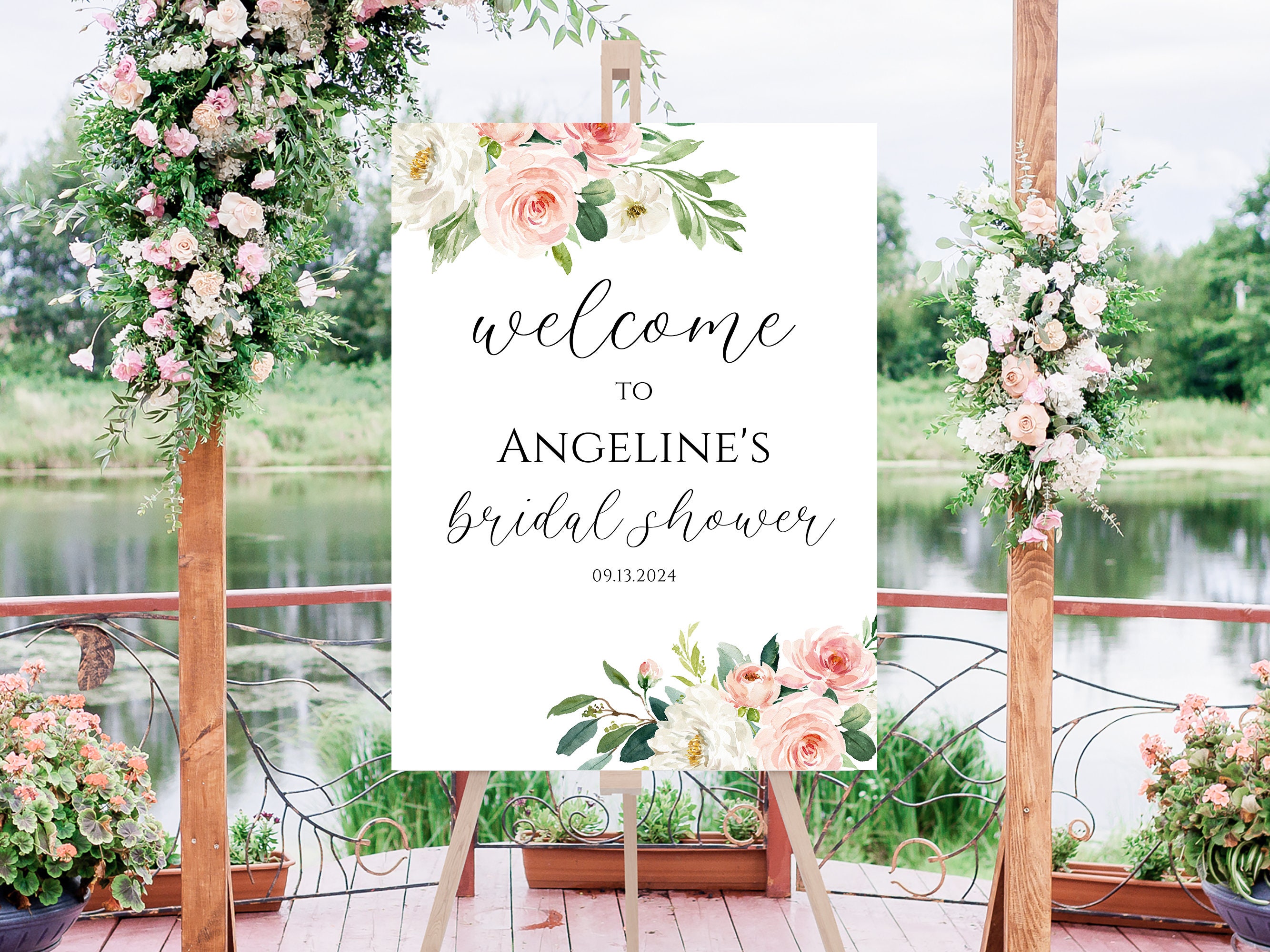 Modello di cartello di benvenuto per la festa nuziale con fiori Blush, cartello di benvenuto stampabile, cartello di benvenuto modificabile, cartello