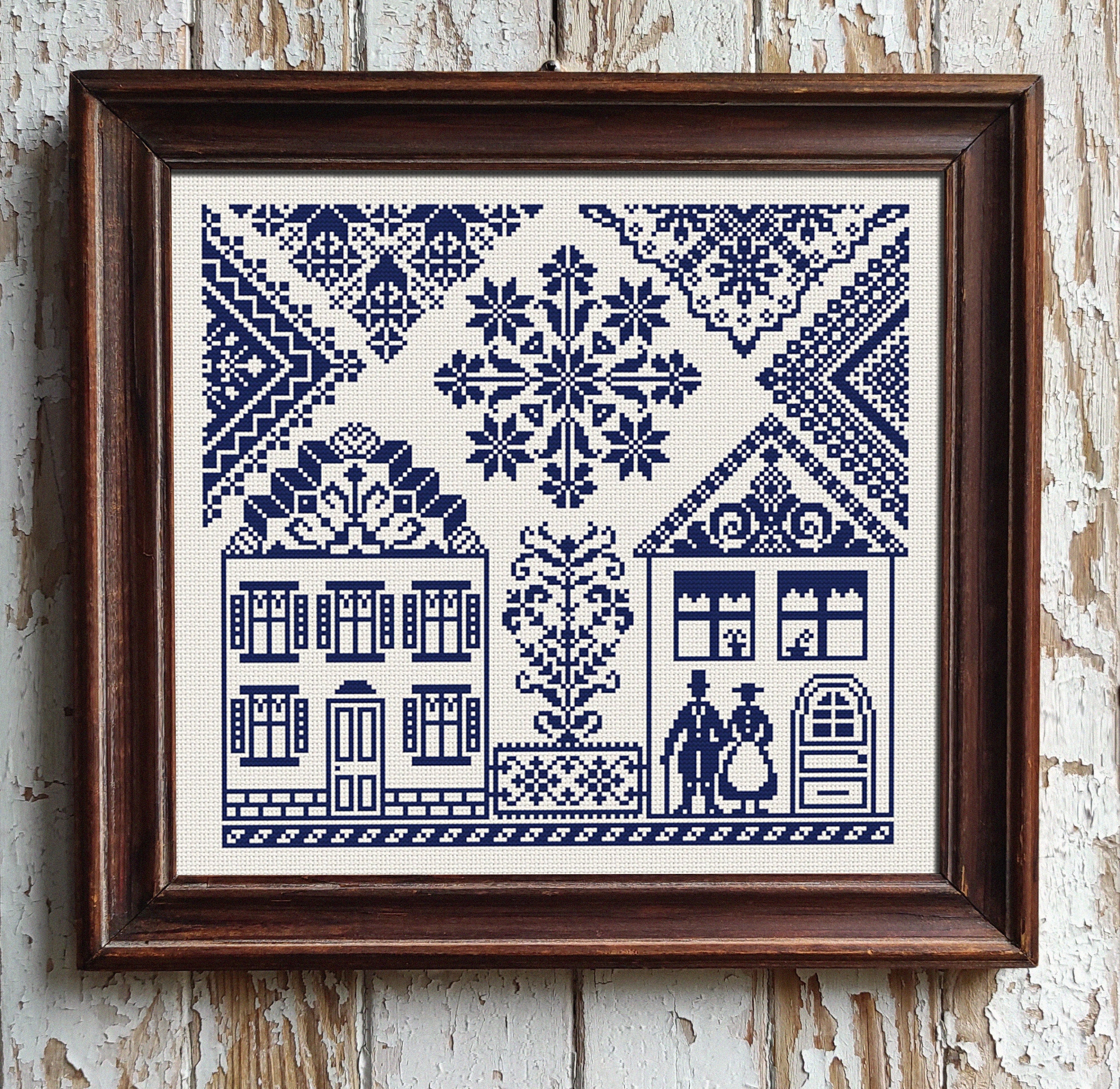 Schema punto croce monocromatico Quaker Sampler, schema punto croce facile, ricamo punto croce House Sampler, PDF scaricabile immediatamente