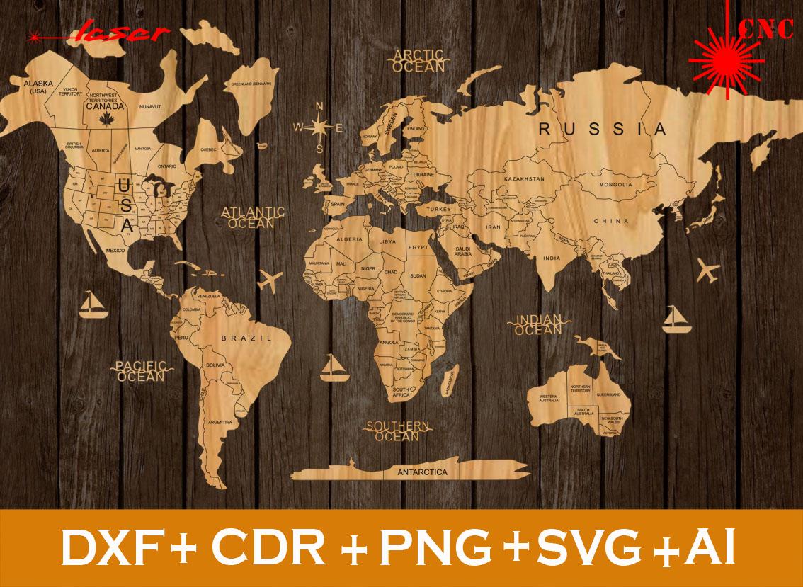 Mappa del mondo SVG, Mappa del mondo laser, Mappa del mondo con paesi, mappa del mondo stampa grande, Mappa del mondo arte murale