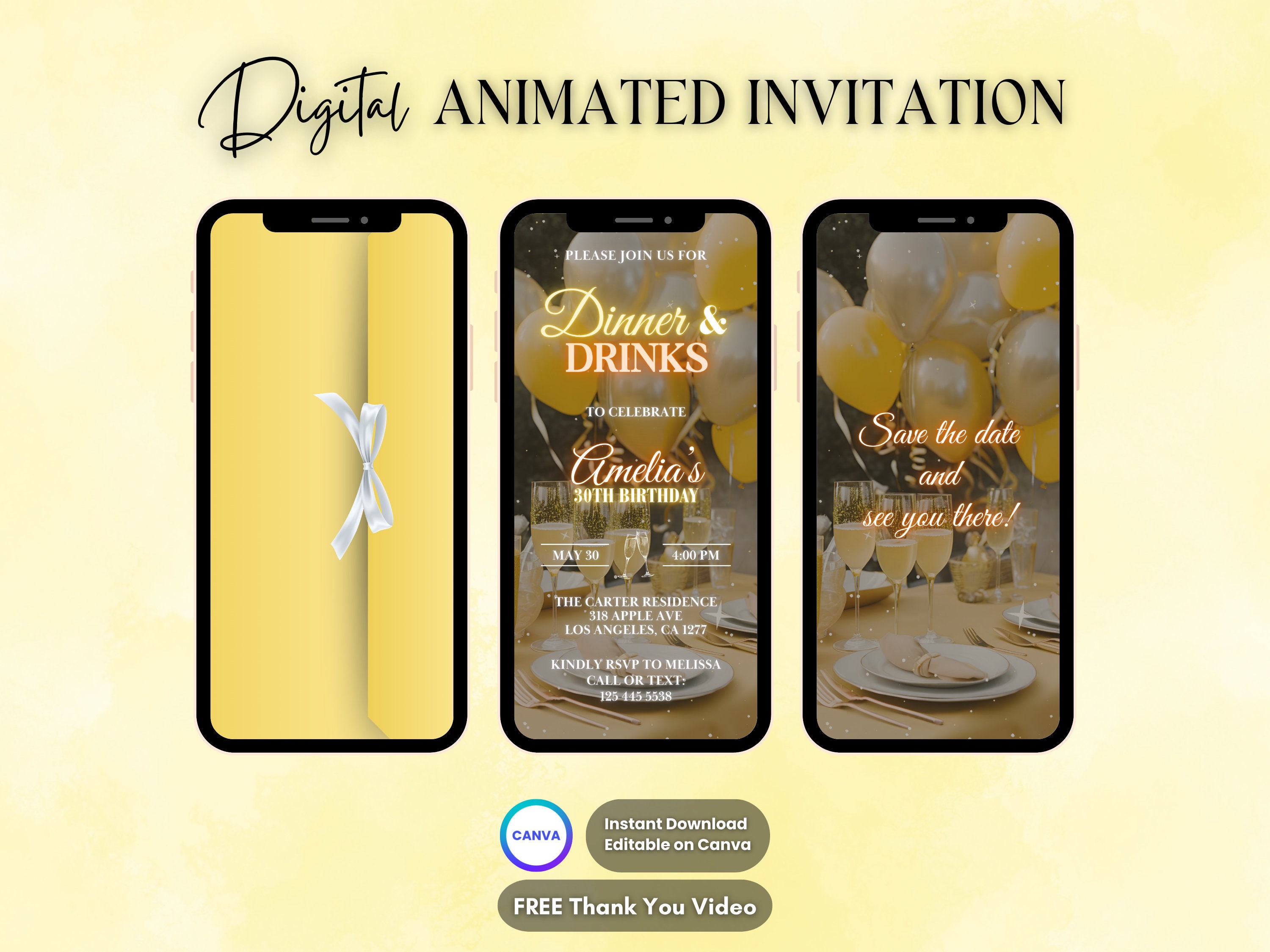 Invito giallo per cena e bevande, invito animato per cena di compleanno, invito video digitale modificabile per cena, invito festa di compleanno