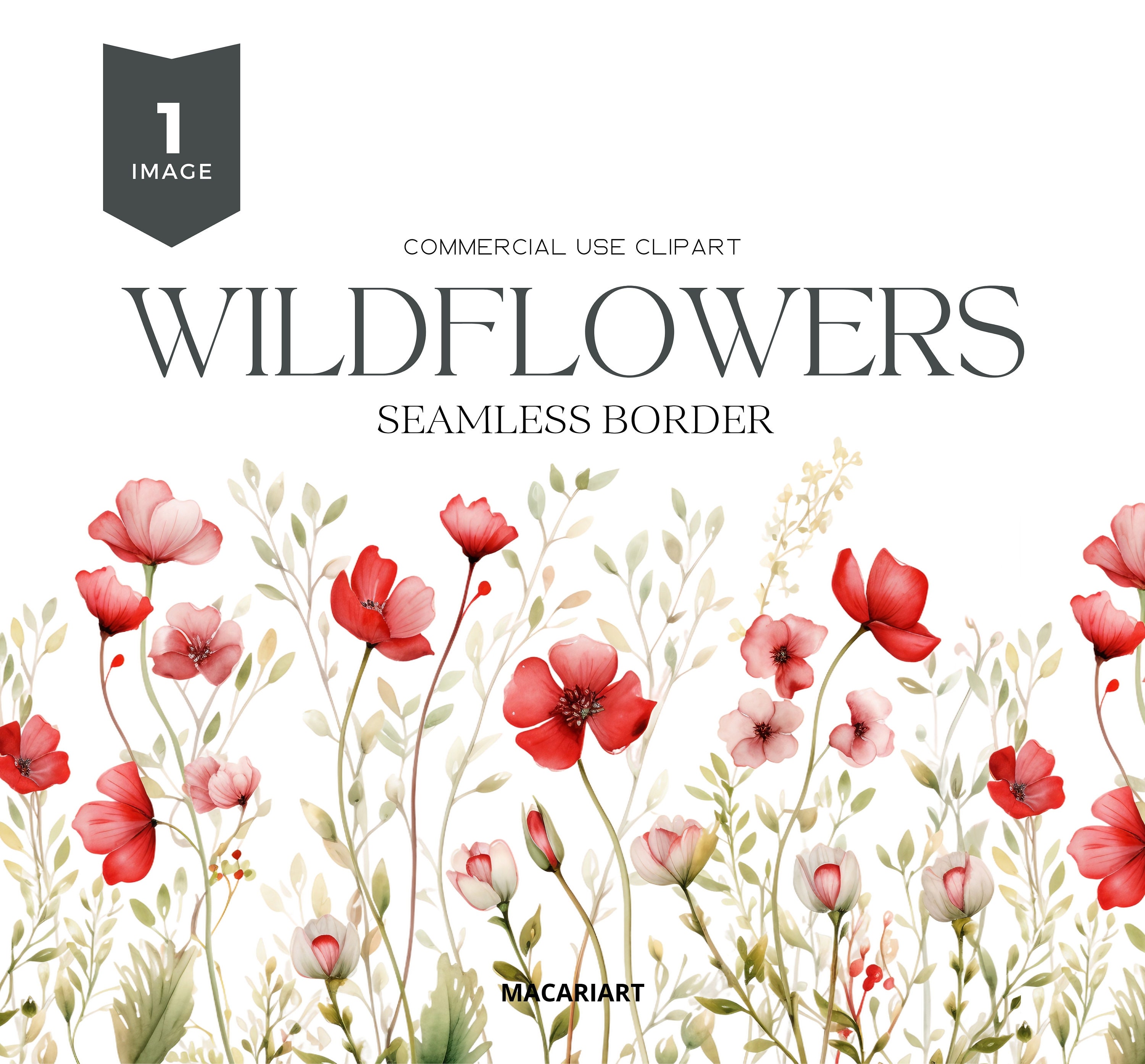 Fiori di campo Clipart Bordo floreale Acquerello Bordo fiori rossi Bordo senza giunture Clipart floreale selvaggio Clipart di matrimonio Bordi floreal