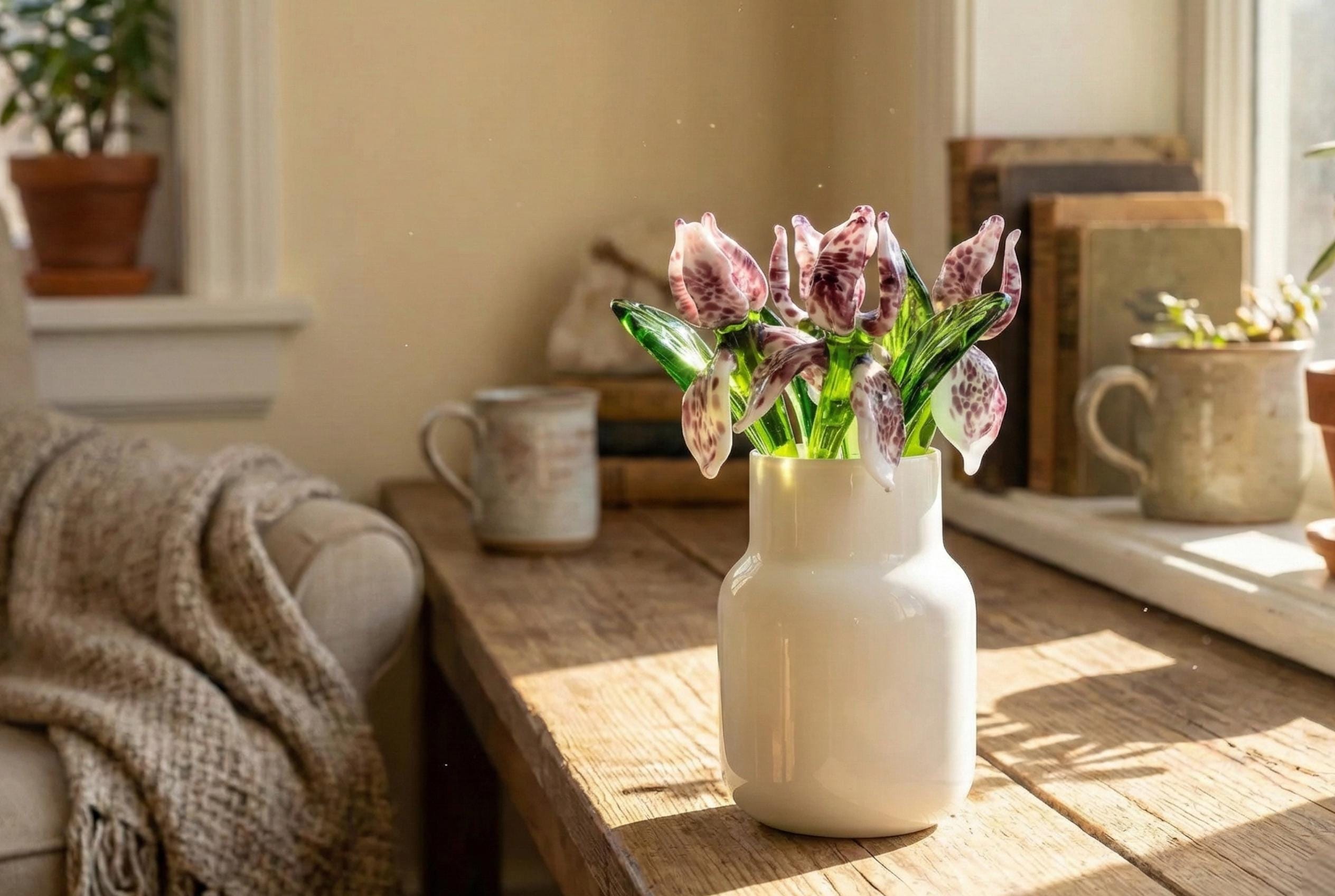 Bouquet di iris in vetro soffiato a mano, iris viola stile Murano, bouquet di fiori in vetro, fiore in vetro per il mese di nascita, regalo per la fes