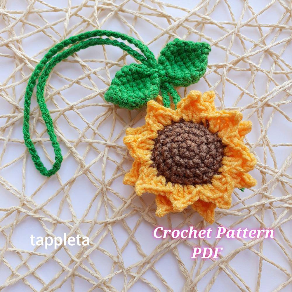 Schema per ciondolo a forma di girasole all'uncinetto, ciondolo a forma di girasole all'uncinetto per specchietto retrovisore dell'auto, schema per de