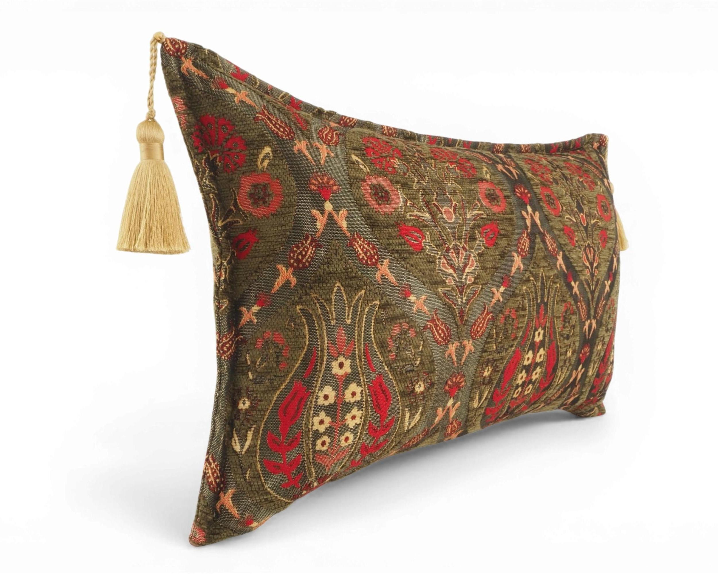 Fodera per cuscino turco 12x20 / Motivo tulipani verde muschio / Cuscino decorativo boho / Fodera per divano / Cuscini decorativi / Cuscino lombare