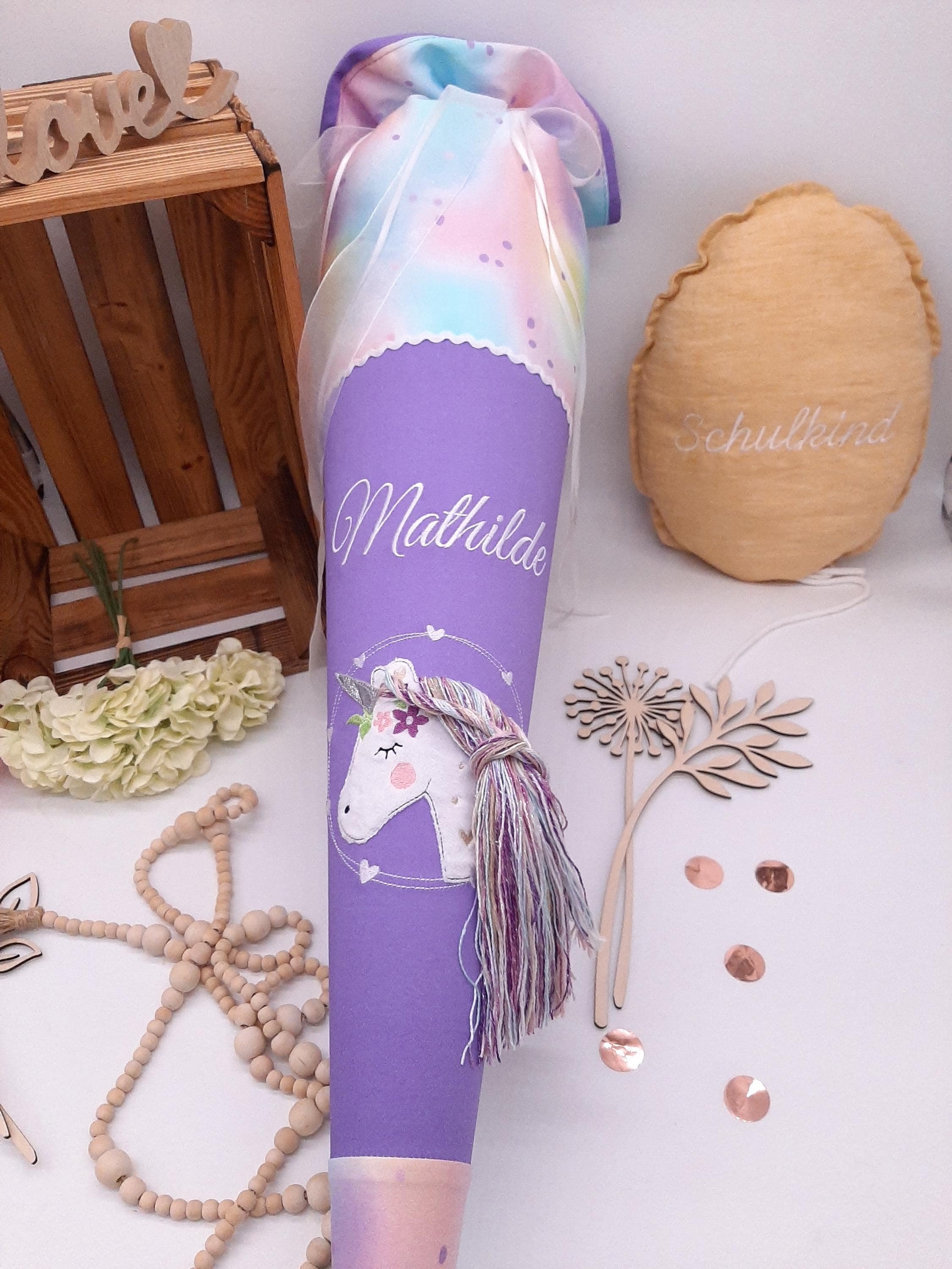 Cono scolastico unicorno abbinato alla farfalla Luna Step by Step, cono scolastico unicorno con capelli 3D, colori pastello