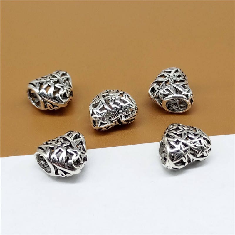 2 perline a forma di cuore cave in argento sterling, perlina a forma di cuore con fiore in argento sterling 925, perlina a forma di cuore in argento 9