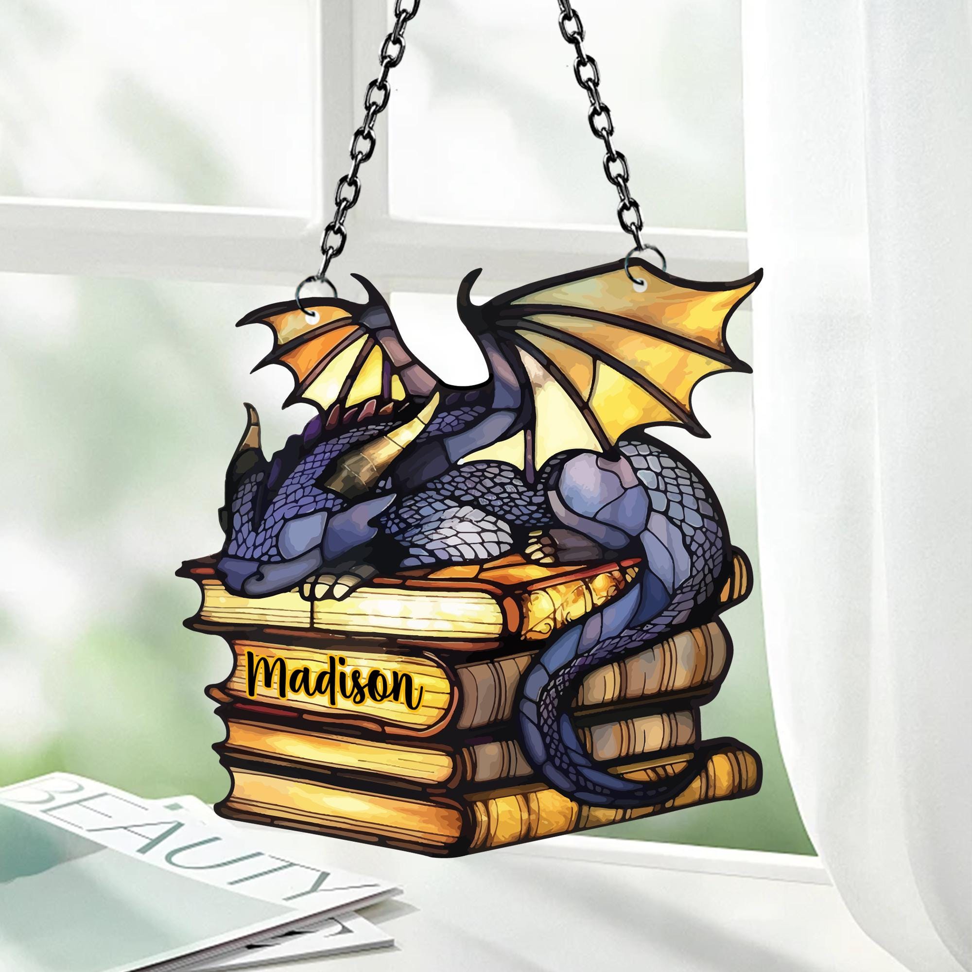 Ornamento acchiappasole a forma di drago-libro, decorazione da finestra in acrilico a forma di drago-fantasy, decorazione per la casa a forma di drago