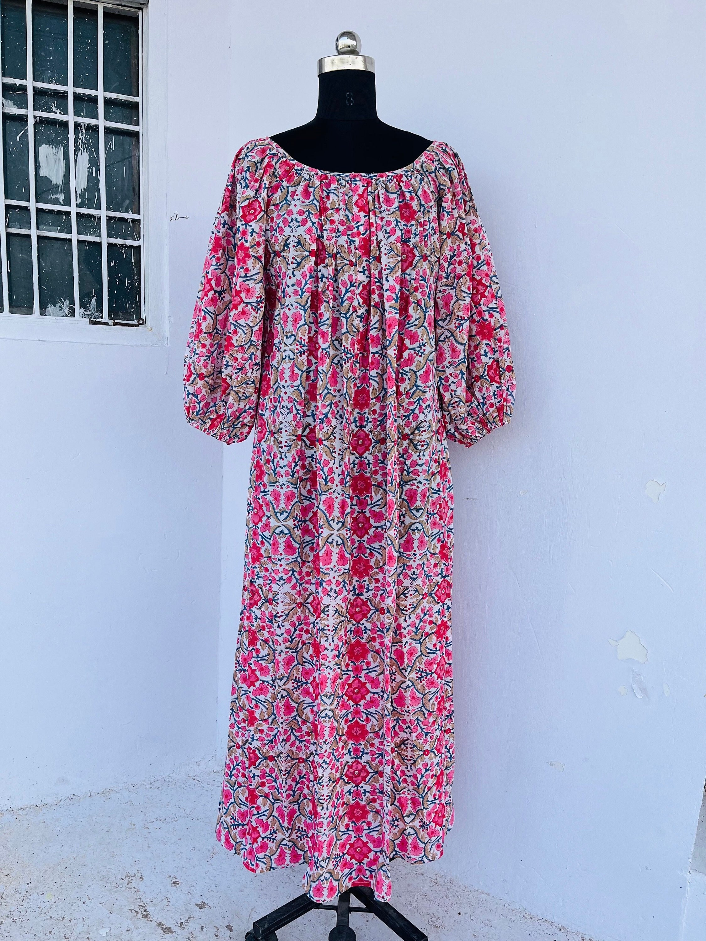 Bellissimo abito lungo indiano in cotone stampato / abito unico con maniche a sbuffo / maxi abito lungo stampato a mano con blocchi / abito lungo boho